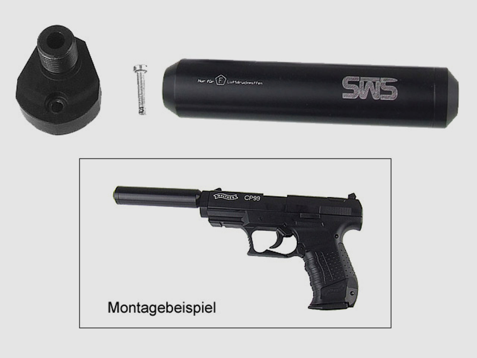 Adapter und schwarzer SchalldĂ¤mpfer fĂĽr CO2 Pistole Walther CP99 (P18)