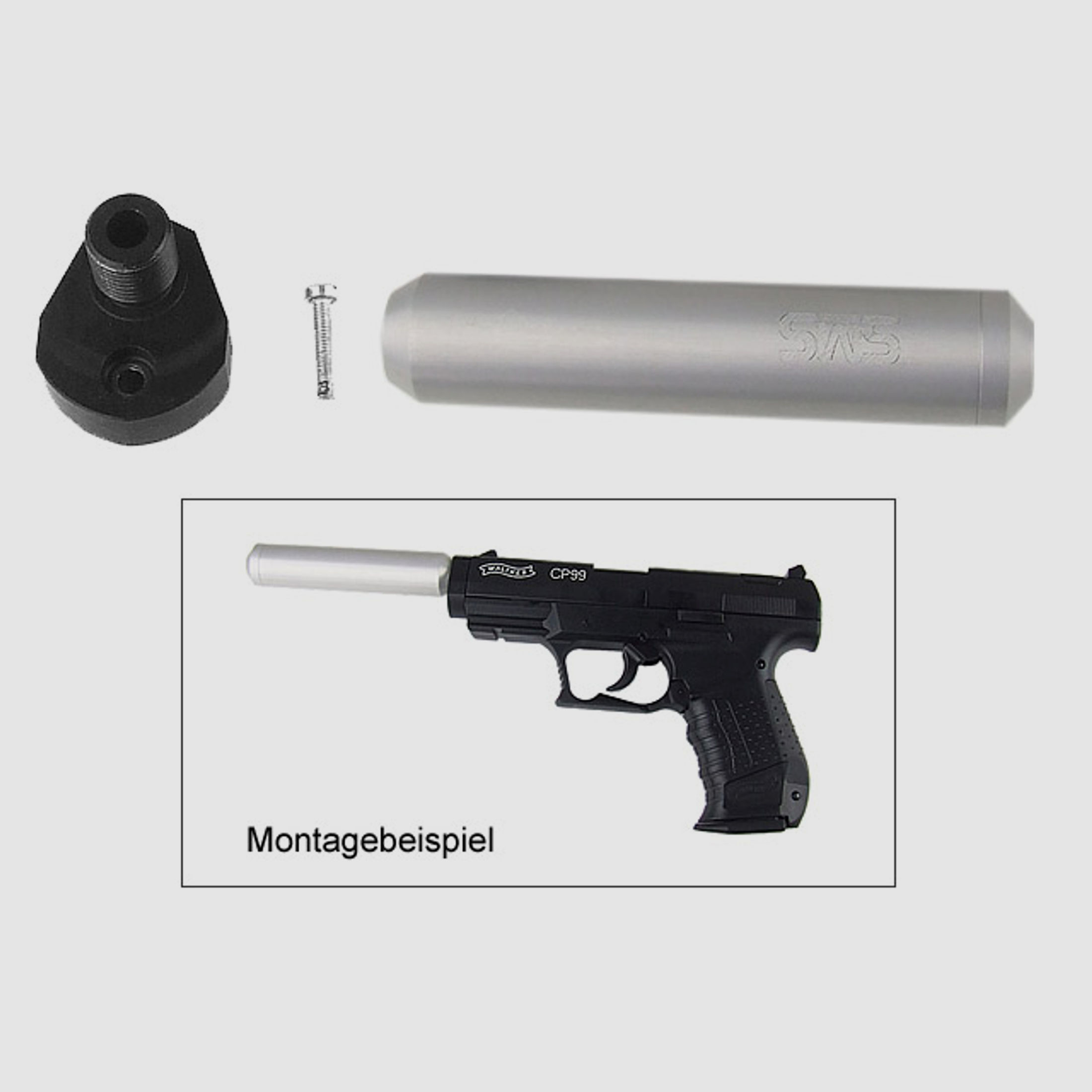 Adapter und silberner SchalldĂ¤mpfer fĂĽr CO2 Pistole Walther CP99 (P18)
