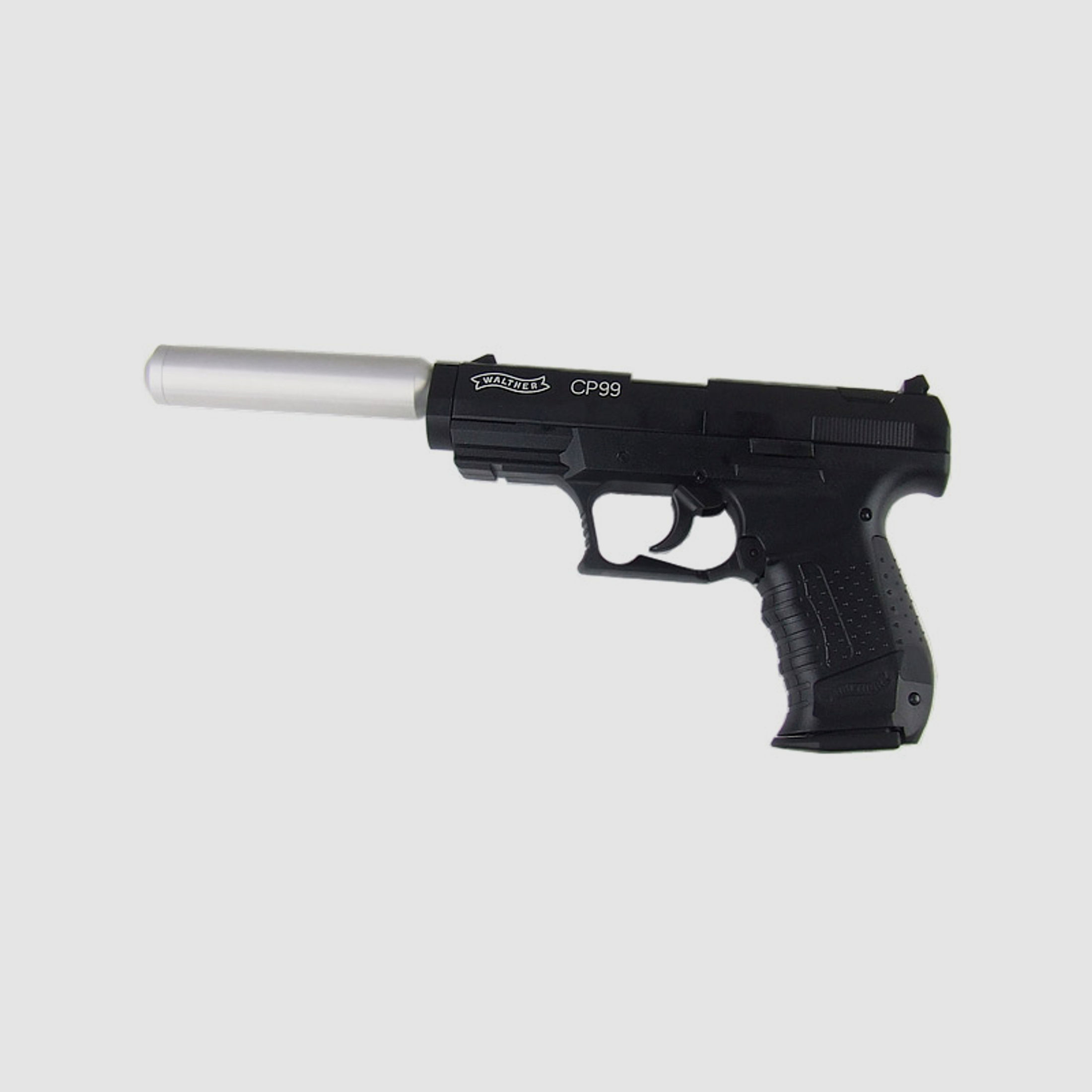 CO2 Pistole Walther CP99 schwarz Kaliber 4,5 mm Diabolo (P18) + SchalldĂ¤mpfer silber Adapter