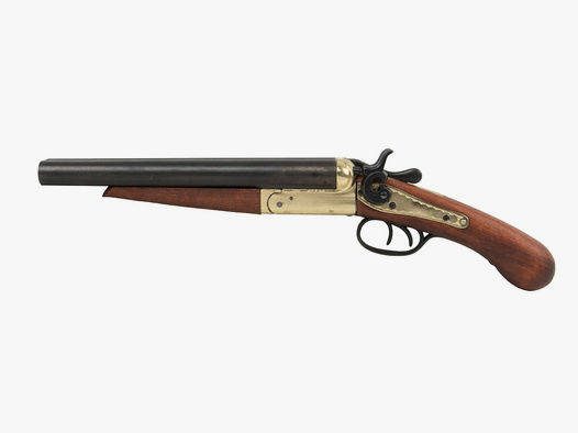 Deko abgesĂ¤gte Doppelhahn Schrotflinte Double-Barrel Sawed off Shotgun USA 1868 voll beweglich LĂ¤nge 52 cm schwarz messing