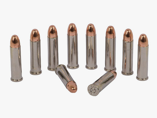 Dekopatronen Revolverpatronen Kaliber .357 Magnum vernickelt mit Kupfer Rundgeschoss blinde Originalpatronen 10 StĂĽck (P18)