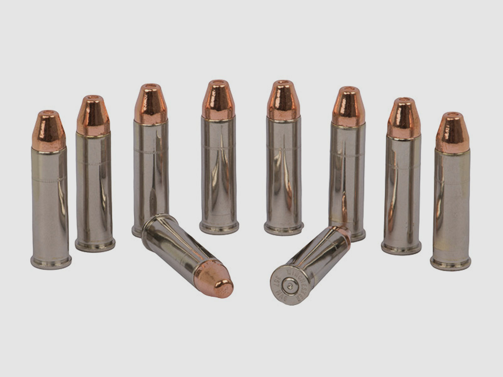Dekopatronen Revolverpatronen Kaliber .357 Magnum NickelhĂĽlse mit Hohlspitzgeschoss Kupfer blinde Originalpatronen 10 StĂĽck (P18)
