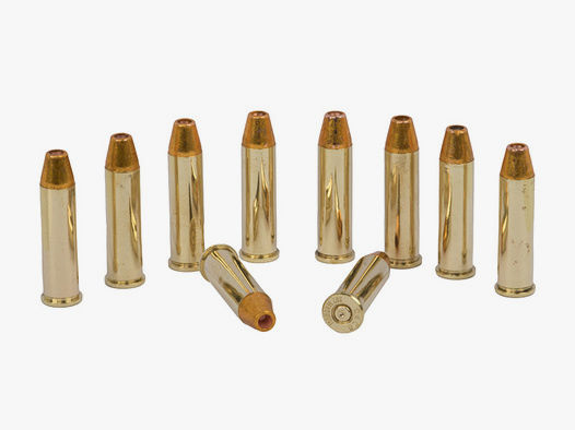 Dekopatronen Revolverpatronen Kaliber .357 Magnum MessinghĂĽlse mit Hohlspitzgeschoss gelb blinde Originalpatronen 10 StĂĽck (P18)