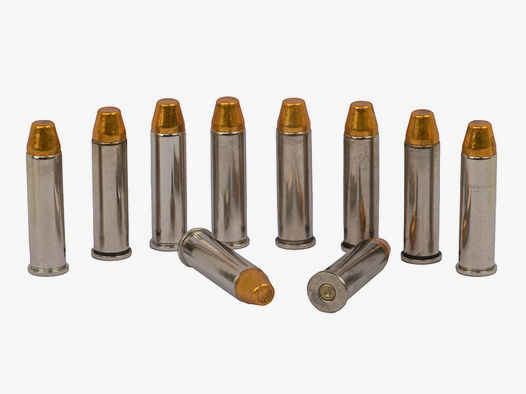 Dekopatronen Revolverpatronen Kaliber .357 Magnum vernickelt mit verkupfertem Kegelstumpfgeschoss blinde Originalpatronen 10 StĂĽck (P18)