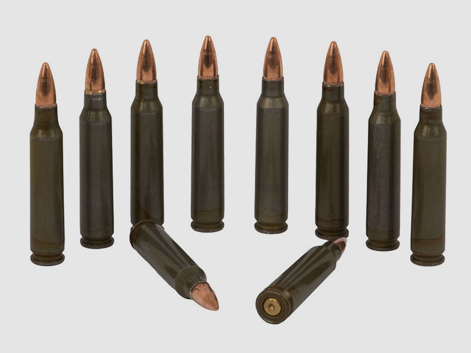 Dekopatronen Gewehrpatronen Kaliber 5,56 x 45 mm NATO .223 Remington mit grĂĽner StahlhĂĽlse blinde Originalpatronen 10 StĂĽck (P18)