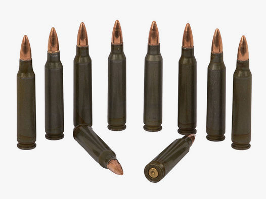 Dekopatronen Gewehrpatronen Kaliber 5,56 x 45 mm NATO .223 Remington mit grĂĽner StahlhĂĽlse blinde Originalpatronen 10 StĂĽck (P18)