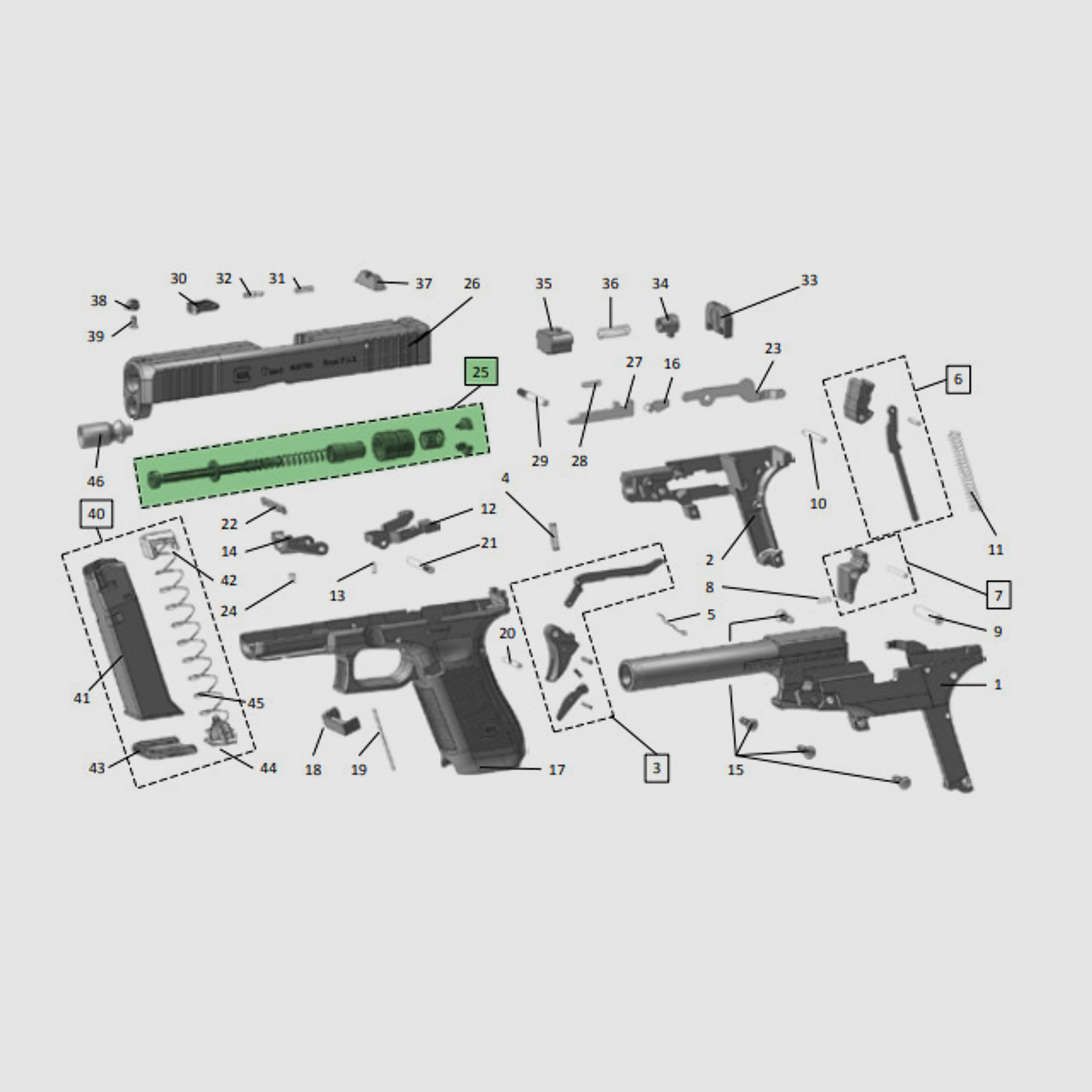Schlittenfeder mit FĂĽhrungsstange fĂĽr Schreckschuss Pistole Umarex Glock 17 Gen5, Ersatzteil