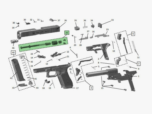 Schlittenfeder mit FĂĽhrungsstange fĂĽr Schreckschuss Pistole Umarex Glock 17 Gen5, Ersatzteil