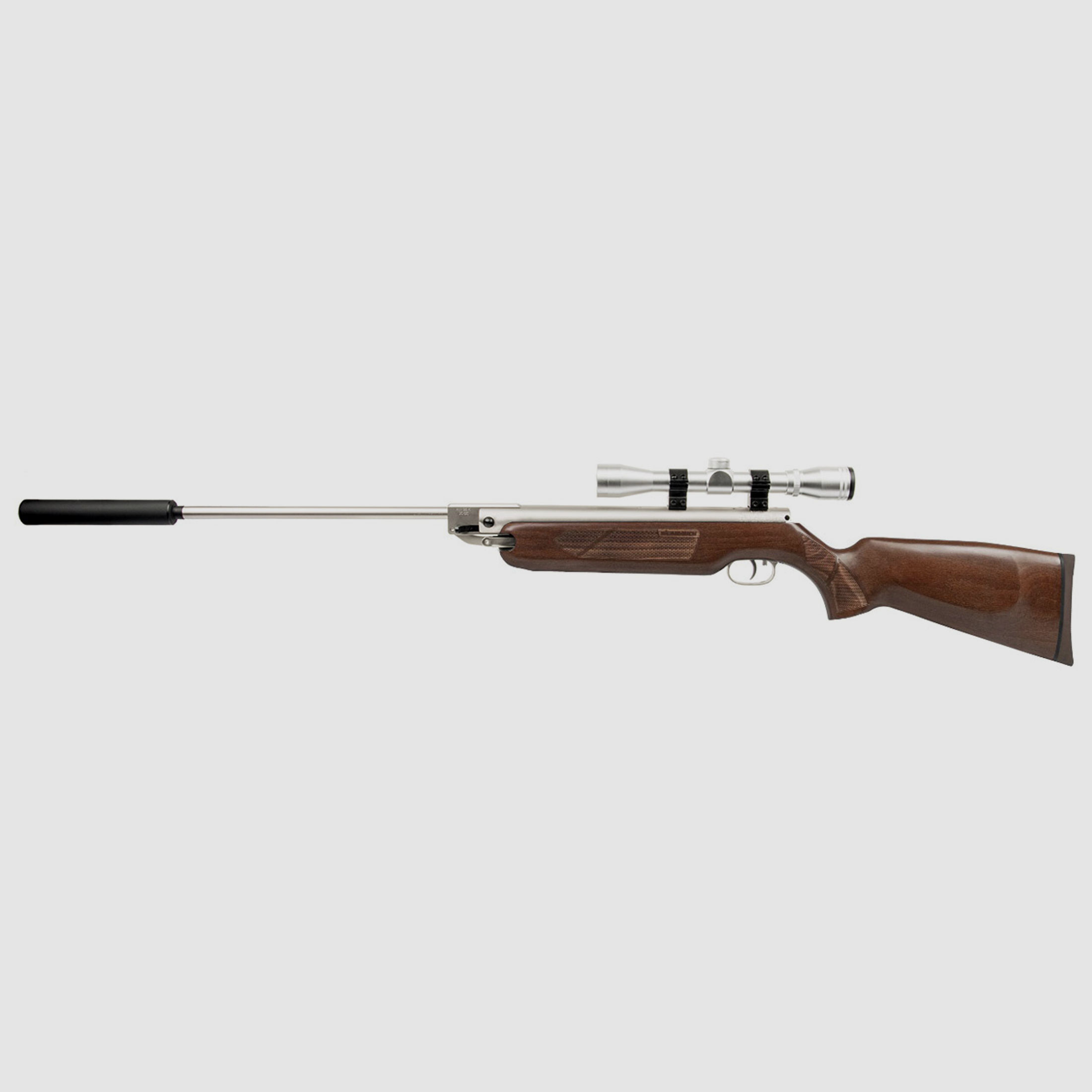 Knicklauf Luftgewehr Weihrauch HW 35K Silverwood Holzschaft mit Fischhaut SchalldĂ¤mpfer Zielfernrohr Kaliber 4,5 mm (P18)