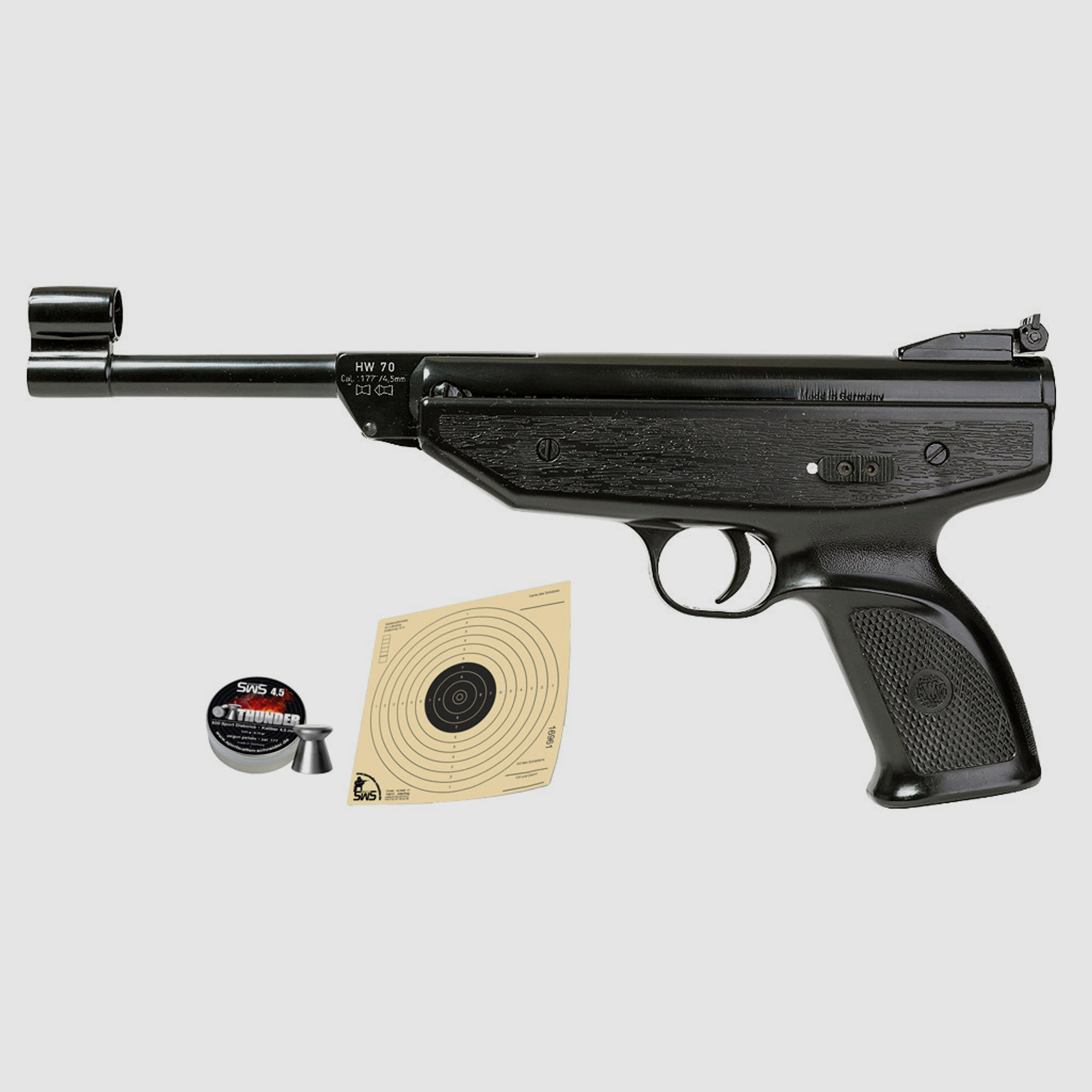Knicklauf Luftpistole Weihrauch HW 70 Kaliber 4,5 mm schwarz (P18) + Diabolos Zielscheiben