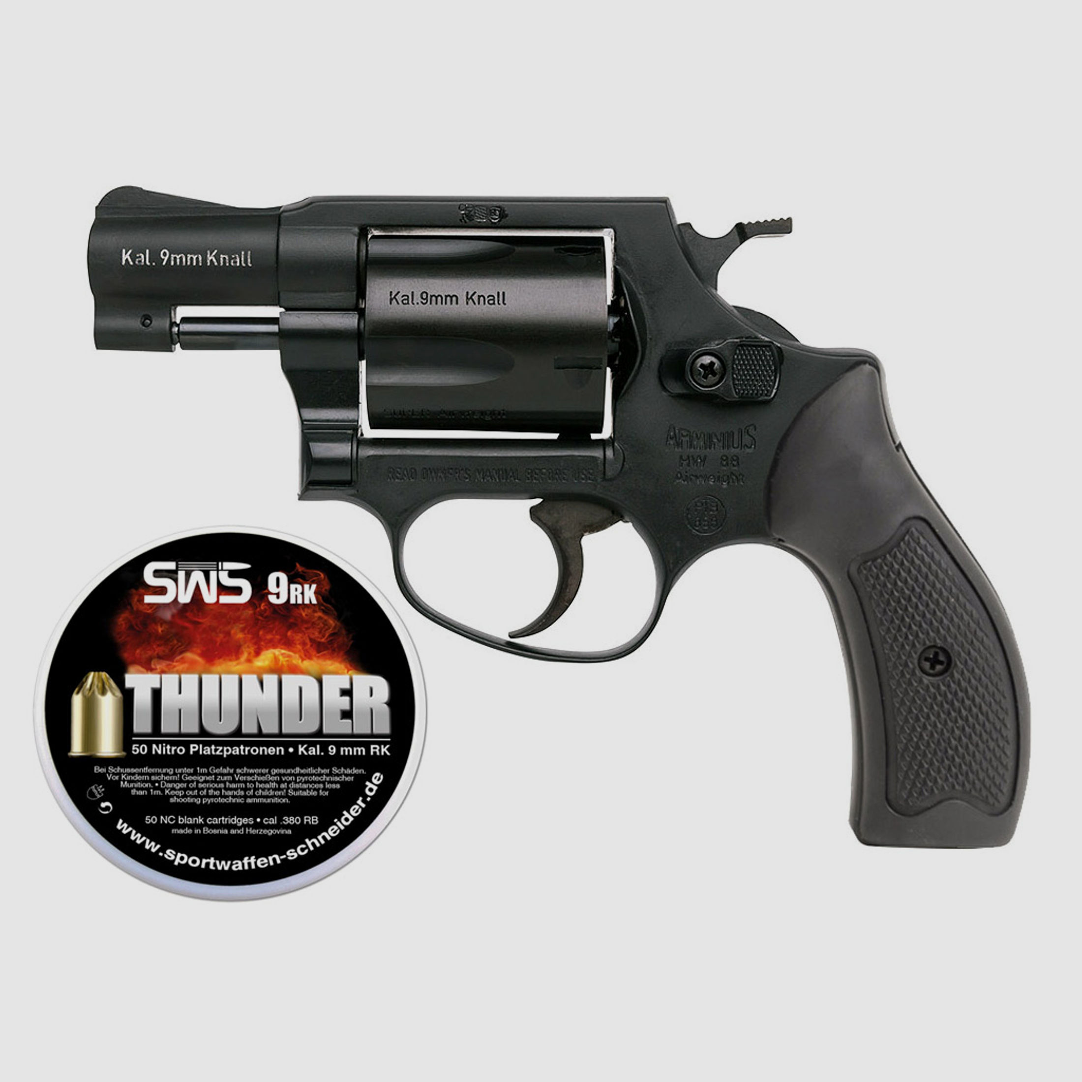 Schreckschuss Revolver Weihrauch Arminius HW 88 Super Airweight schwarz Kunststoffgriffschalen Kaliber 9 mm R.K. (P18) + 50 Schuss