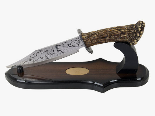 Dekoratives verziertes Messer mit HolzstĂ¤nder GesamtlĂ¤nge als Geweih 31,5 cm (P18)