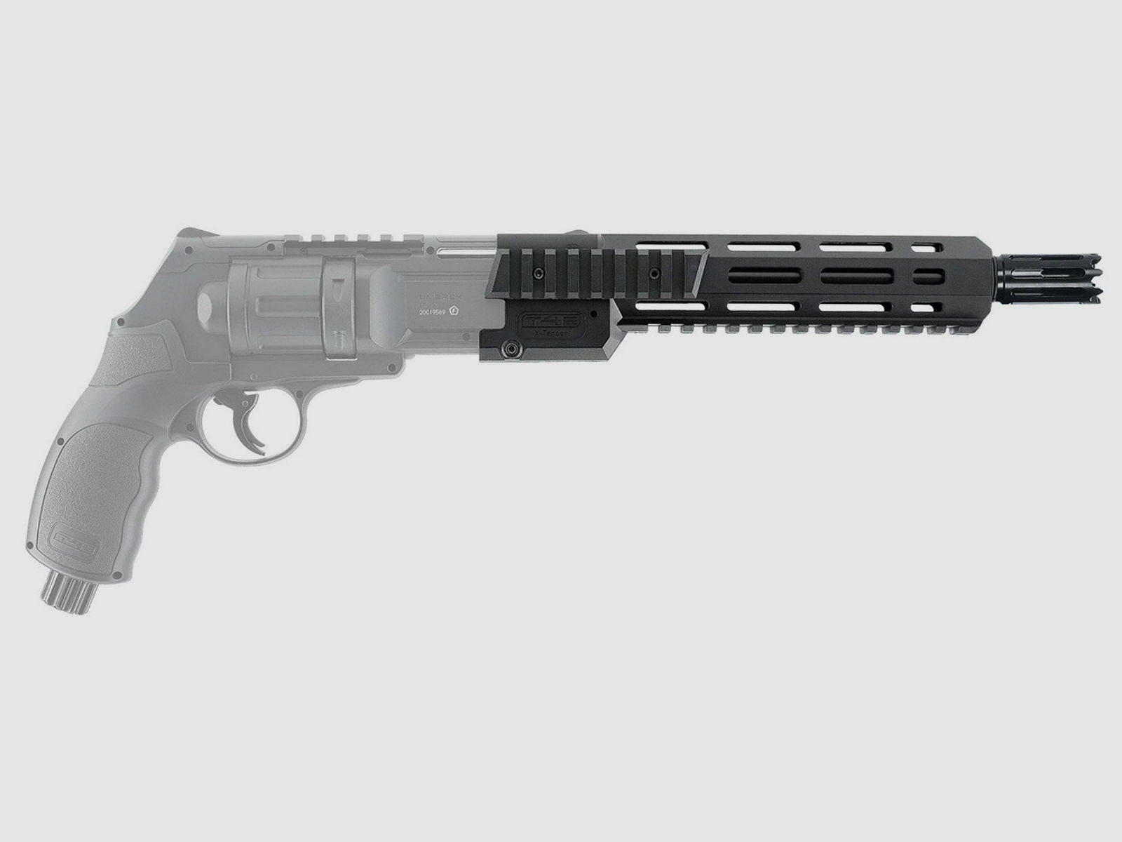 MĂĽndungsvorsatz mit MĂĽndungsbremse T4E TR 50 X-Tender fĂĽr CO2 Markierer Home Defense Revolver Umarex HDR 50
