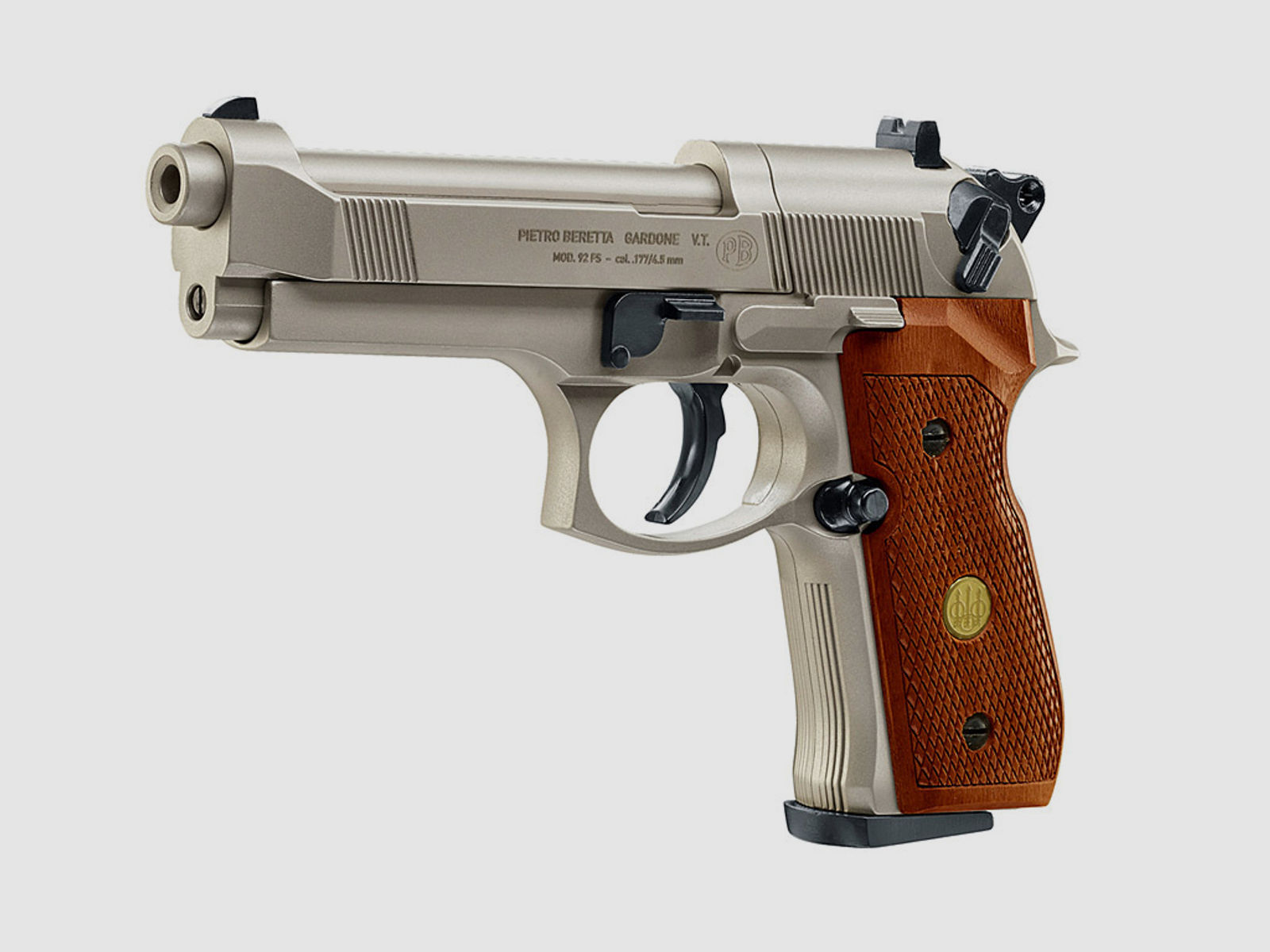CO2 Pistole Beretta M 92 FS nickel Holzgriffschalen Kaliber 4,5 mm (P18)+ Diabolos Zielscheiben CO2 Kapsel Speedloader