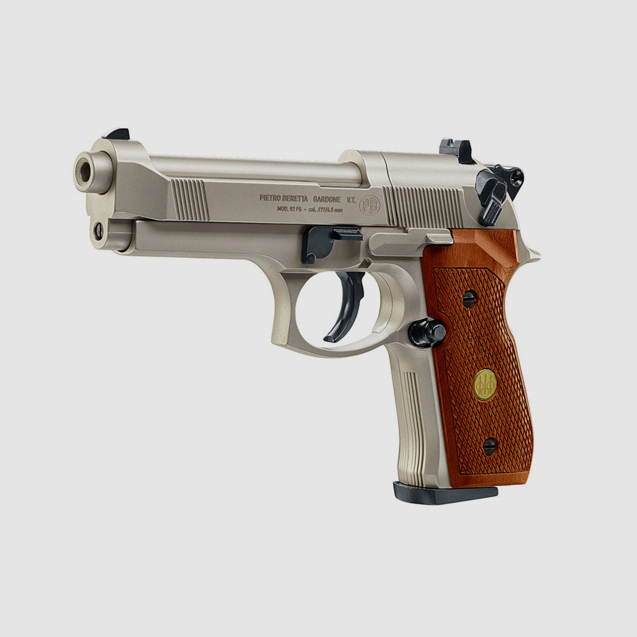 CO2 Pistole Beretta M 92 FS nickel Holzgriffschalen Kaliber 4,5 mm (P18)+ Diabolos Zielscheiben CO2 Kapsel Speedloader
