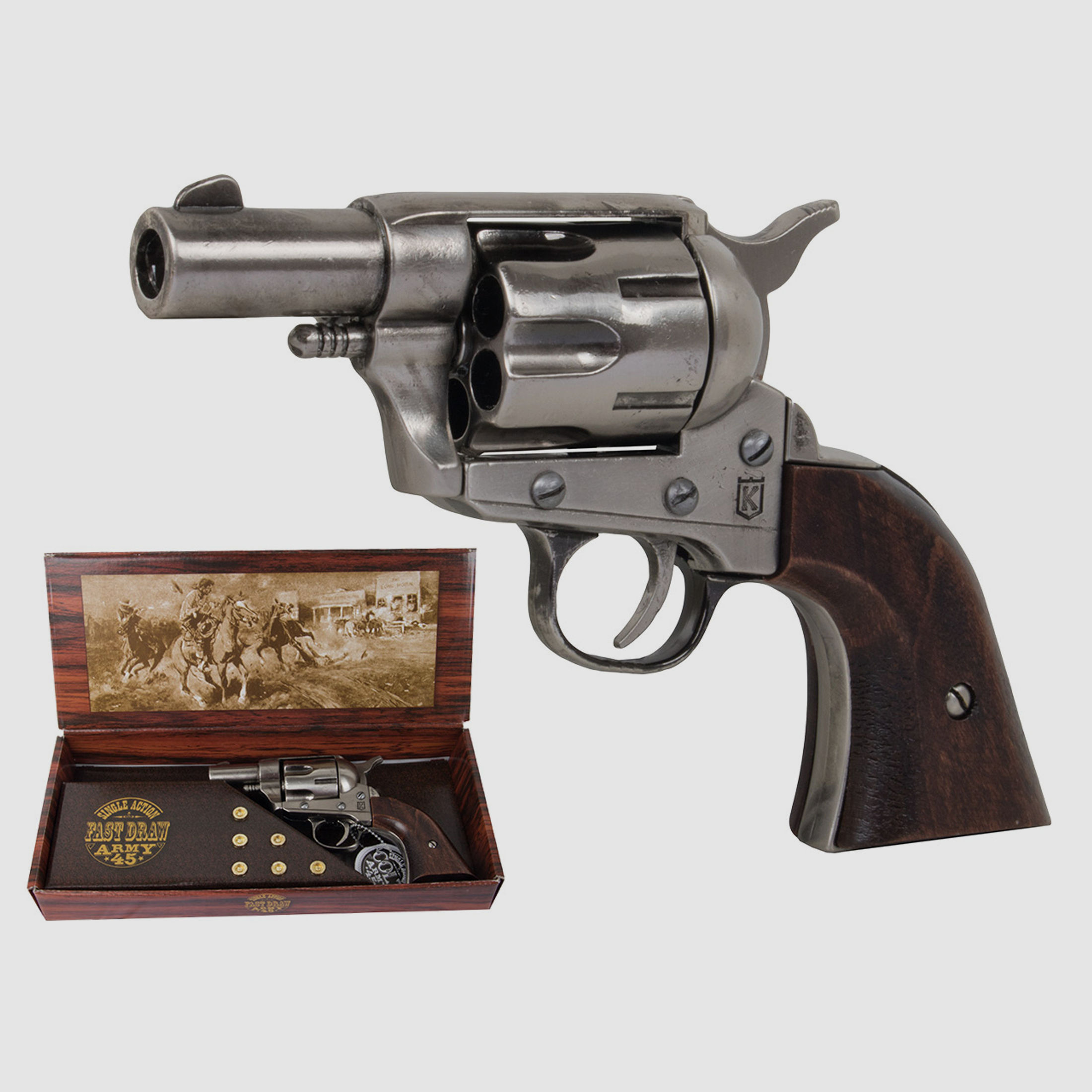 Deko Revolver Kolser Colt SAA Single Action Army Snub Nose 2,5 Zoll Holzgriffschalen nickel poliert