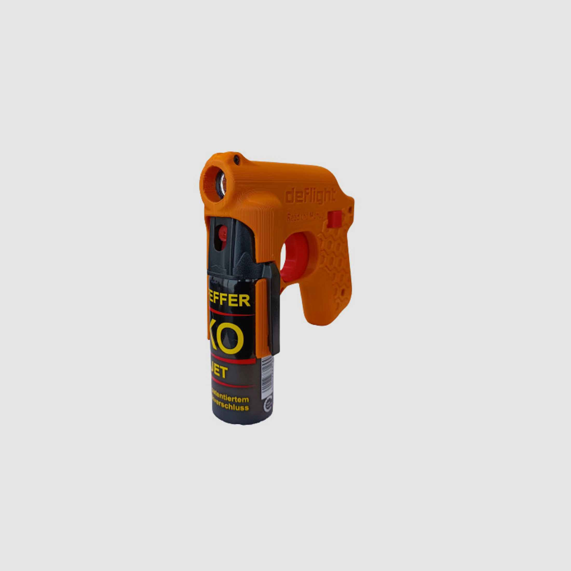 Deflight Pfefferspray Pistole mit Ballistol Pfeffer KO Jet 50 ml und taktischer Taschenlampe Stroboskop-Blitz 150 Lumen orange (P18)