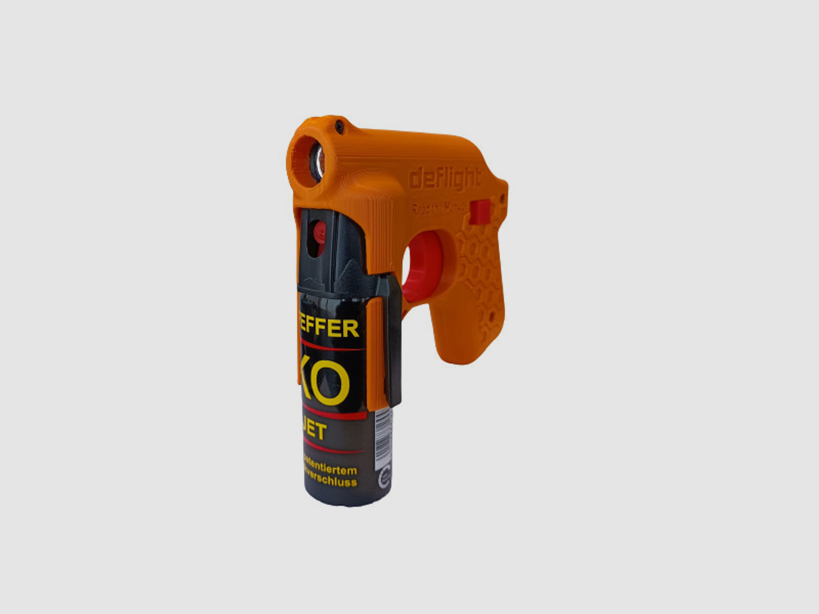 Deflight Pfefferspray Pistole mit Ballistol Pfeffer KO Jet 50 ml und taktischer Taschenlampe Stroboskop-Blitz 150 Lumen orange (P18)