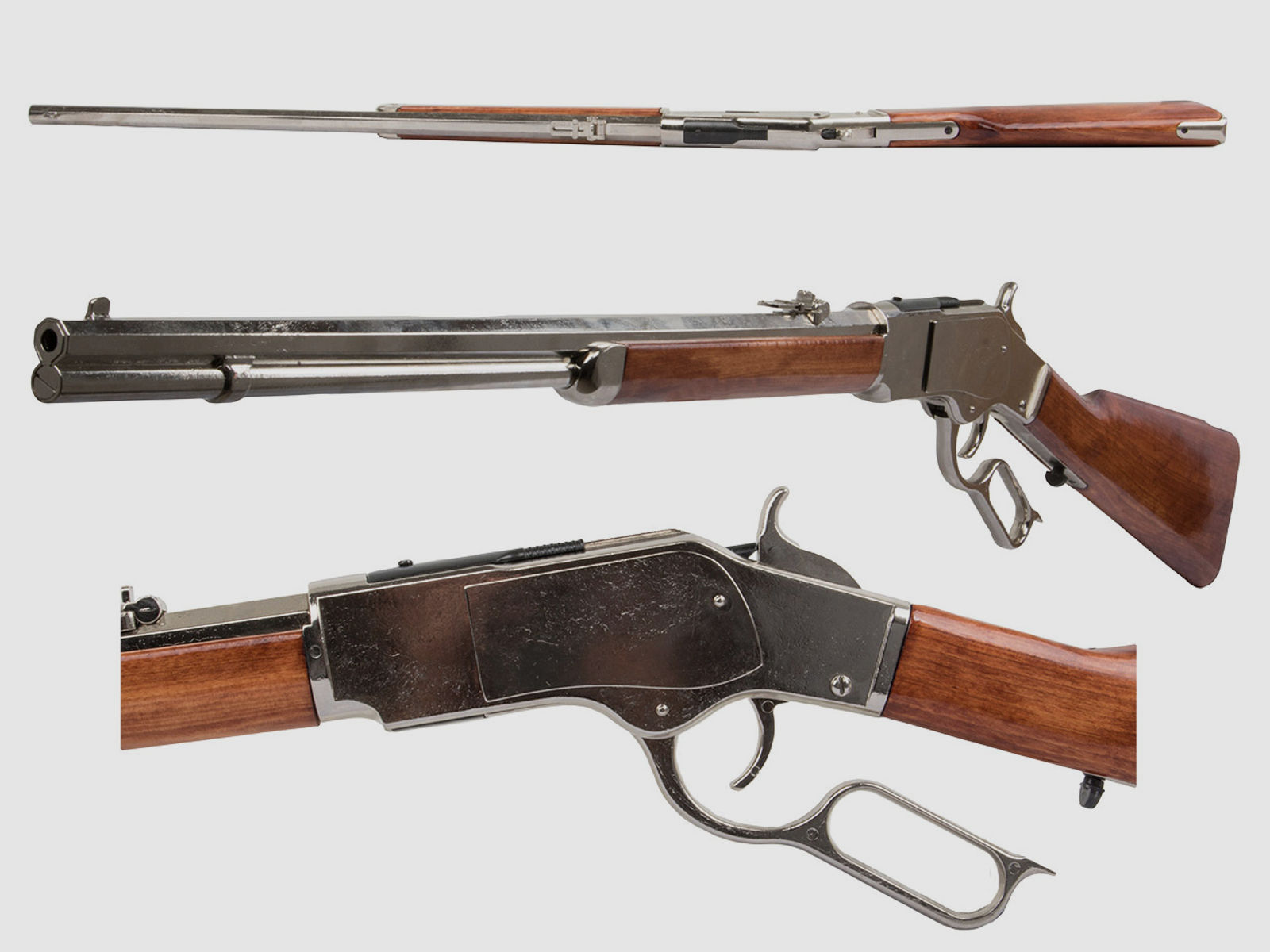 Deko Westerngewehr Denix Winchester Mod. 73 USA 1873 nickel hell realistisches Repetieren mit HĂĽlsenauswurf GesamtlĂ¤nge 110 cm