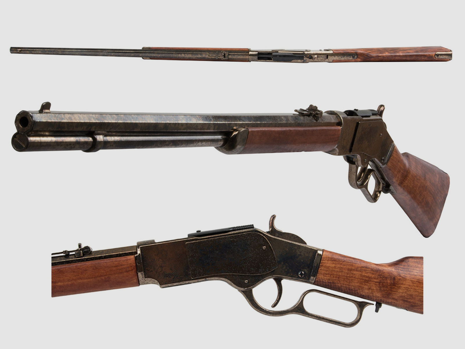 Deko Westerngewehr Denix Winchester Mod. 73 USA 1873 nickel dunkel realistisches Repetieren mit HĂĽlsenauswurf GesamtlĂ¤nge 110 cm