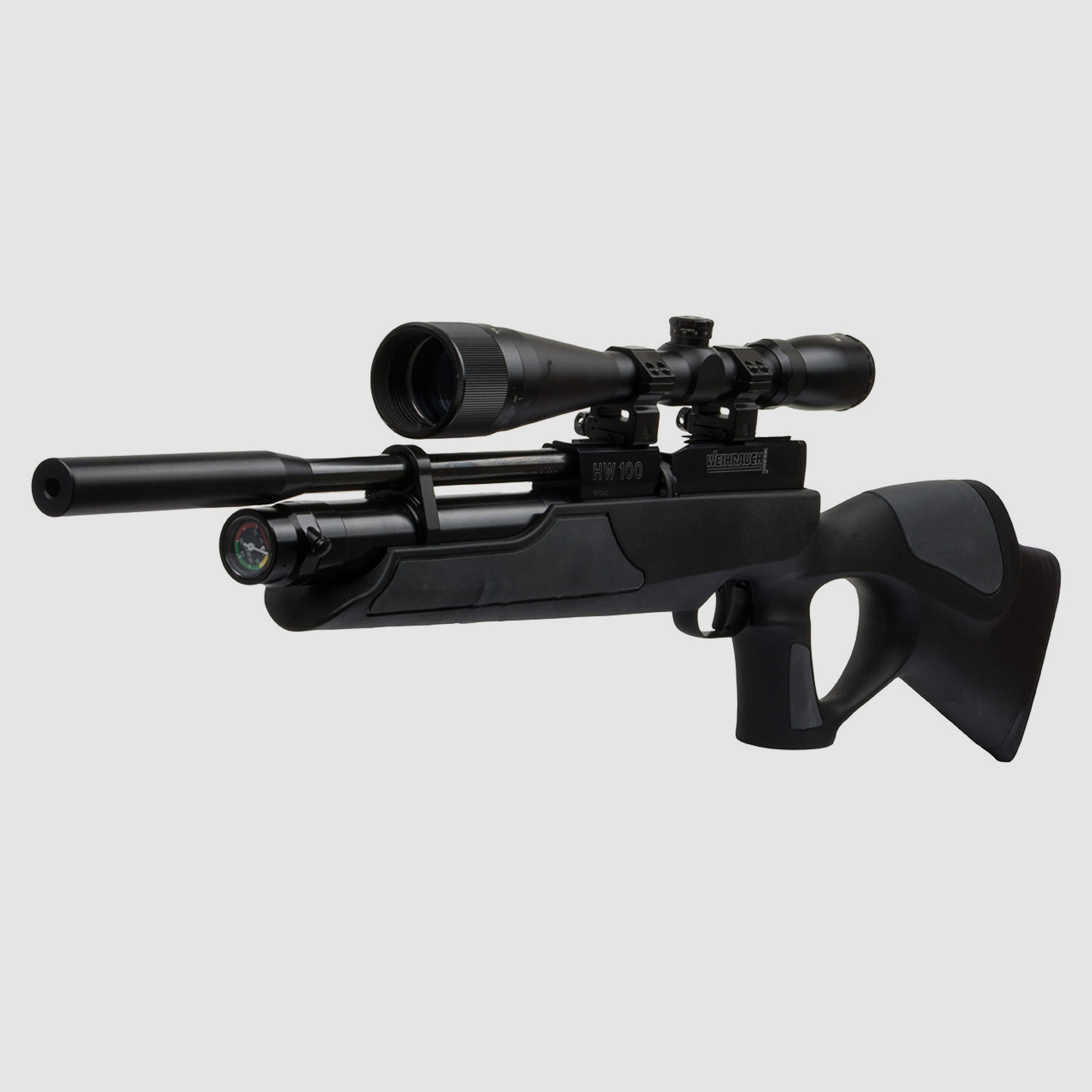 Pressluftgewehr Weihrauch HW 100 TK Carbine Black, schwarz-grauer Synthetik-Lochschaft, Kompensator, Kaliber 4,5 mm (P18)