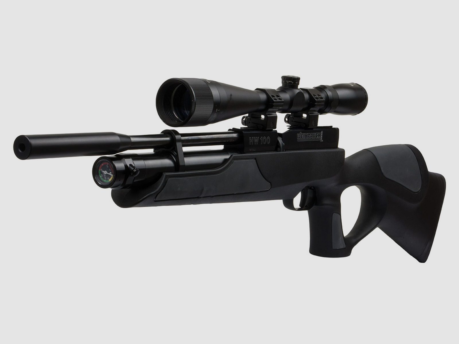 Pressluftgewehr Weihrauch HW 100 TK Carbine Black, schwarz-grauer Synthetik-Lochschaft, Kompensator, Kaliber 5,5 mm (P18)