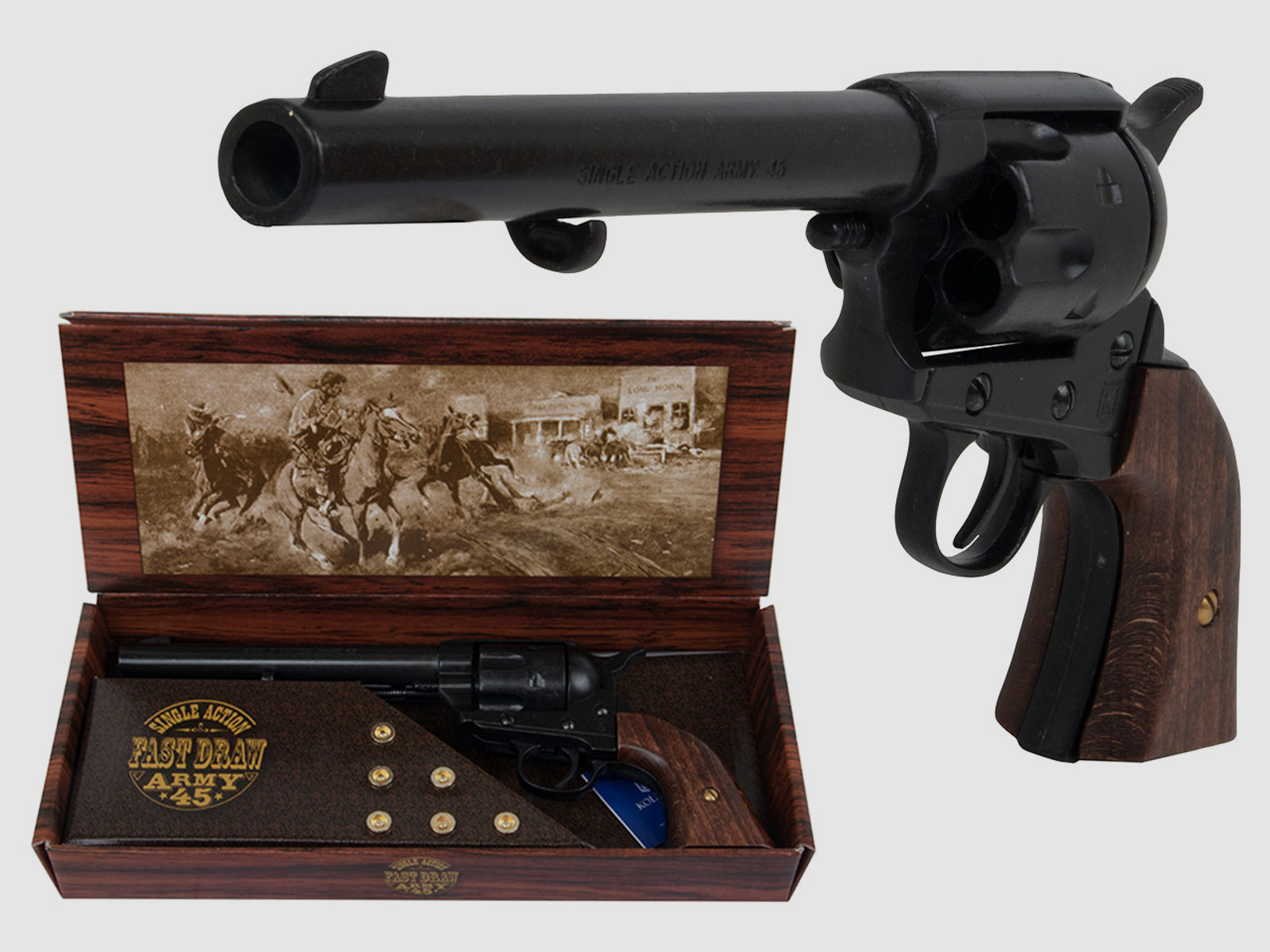 Set 2 Western Revolvergurt rechts 100 cm 2 Holster hellbraun und 2 Deko Revolver Kolser Colt SAA .45 Peacemaker 5,5 Zoll schwarz