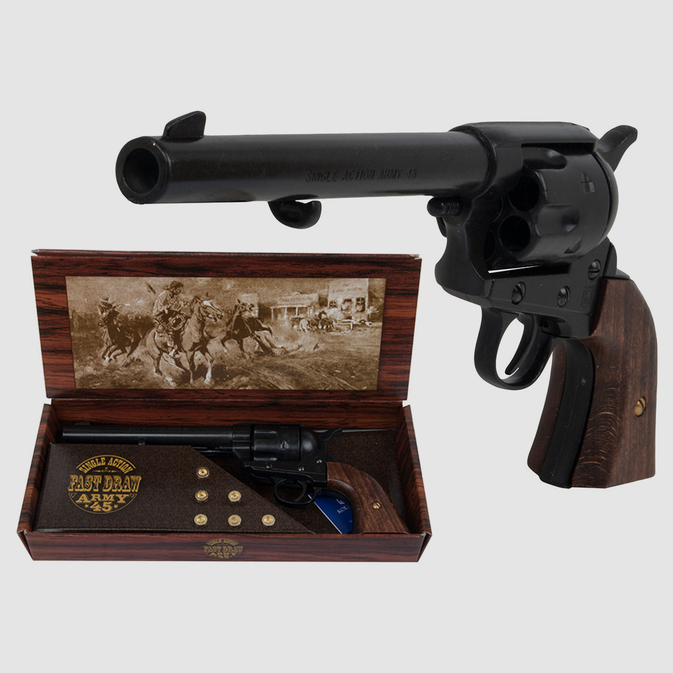 Set 1 Western Revolvergurt rechts 90 cm 1 Holster hellbraun und Deko Revolver Kolser Colt SAA .45 Peacemaker 5,5 Zoll schwarz