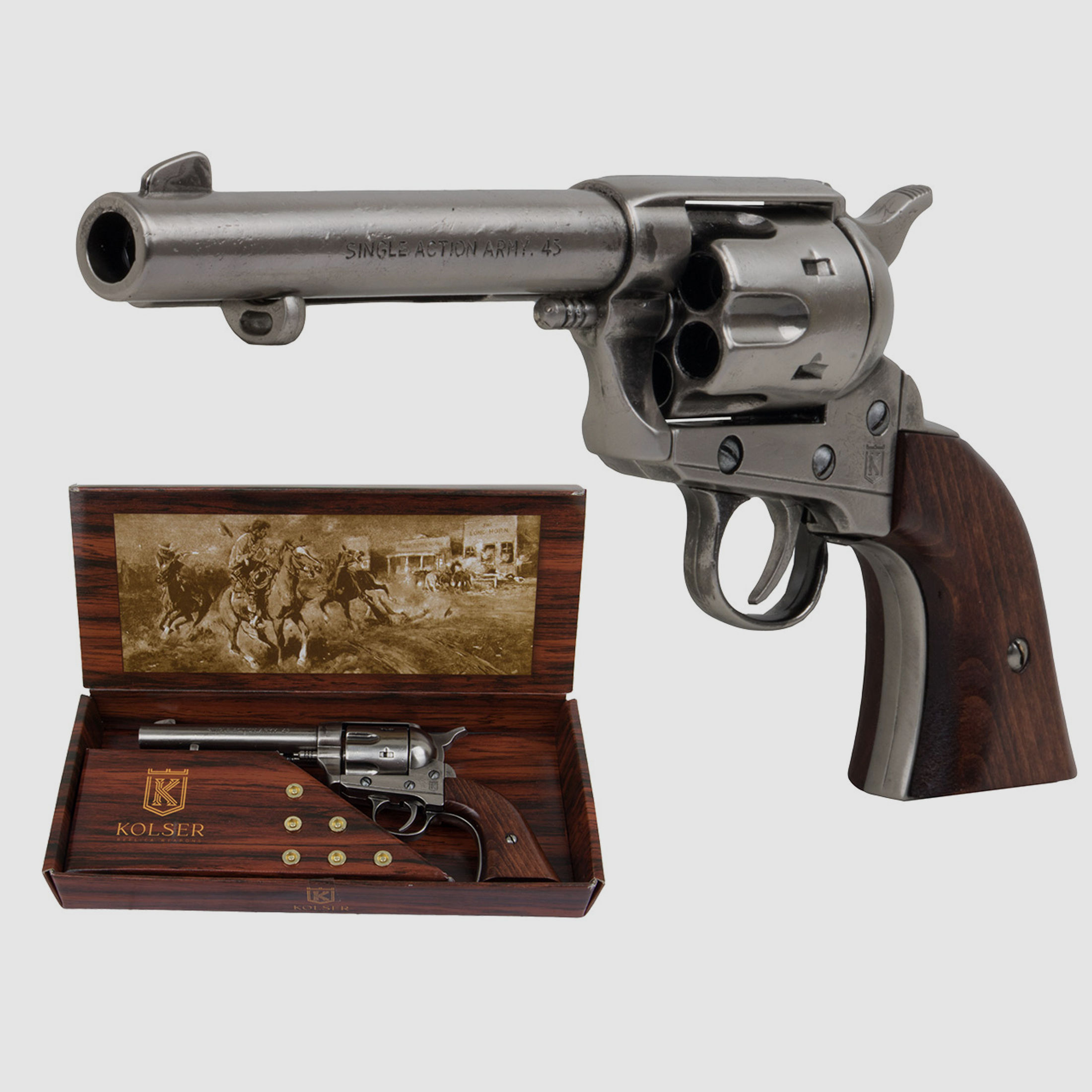 Deko Revolver Kolser Colt SAA .45 Peacemaker USA 1873 5,5 Zoll nickel poliert Holzgriffschalen