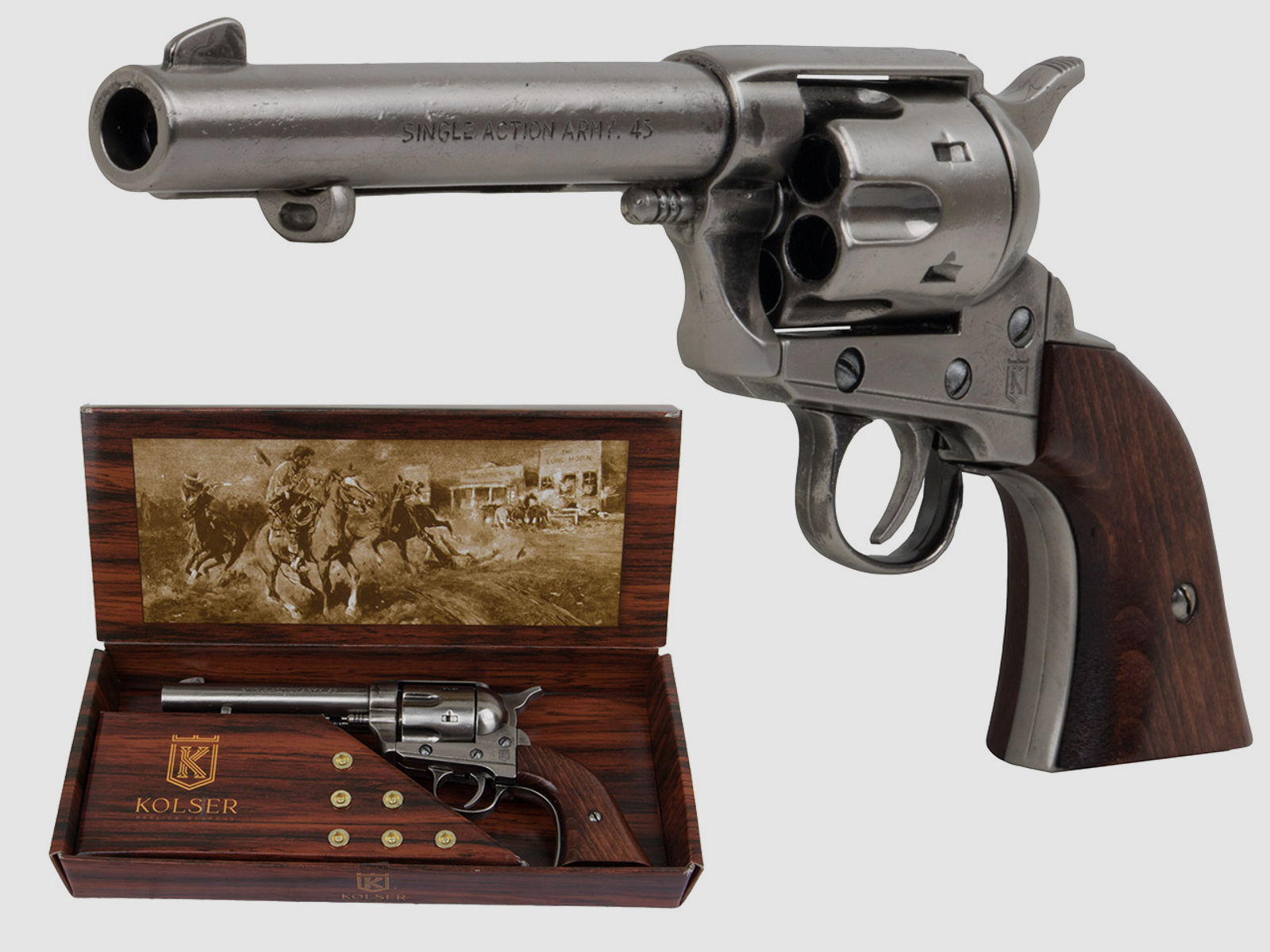 Set 8 Western Revolvergurt rechts 100 cm 1 Holster hellbraun und Deko Revolver Kolser Colt SAA .45 Peacemaker 5,5 Zoll nickel