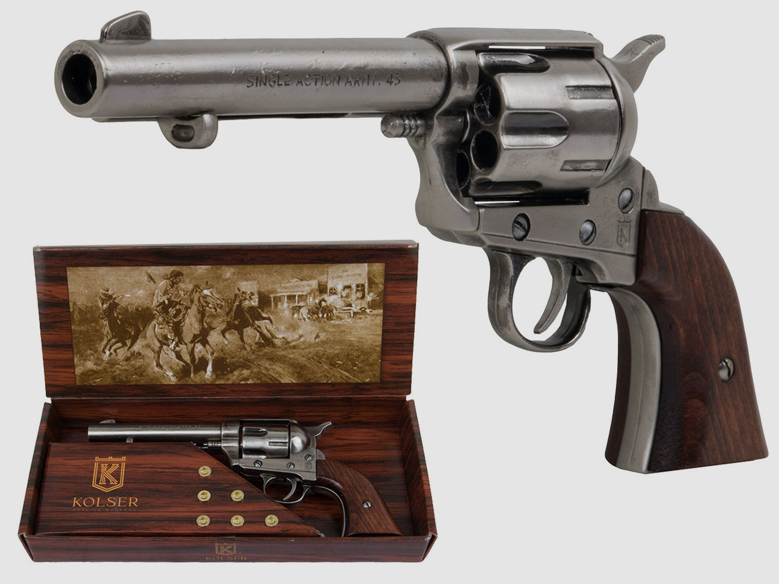 Deko Revolver Kolser Colt SAA .45 Peacemaker USA 1873 4,75 Zoll nickel Holzgriffschalen