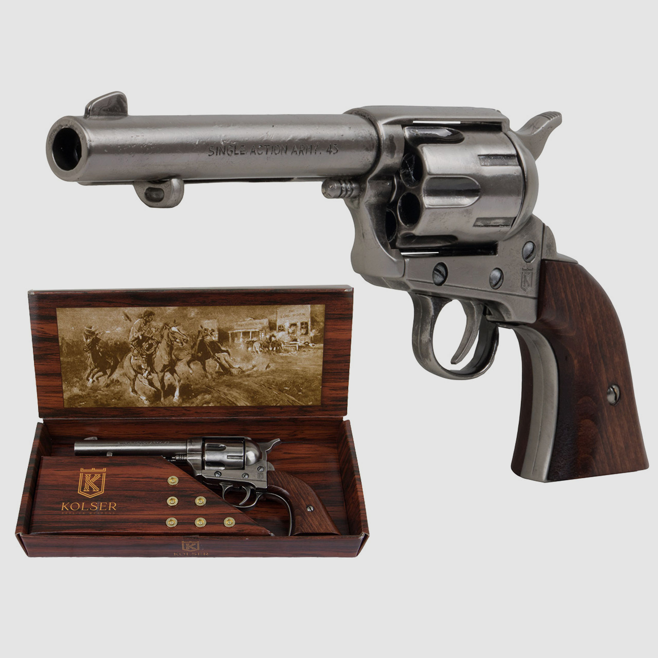 Deko Revolver Kolser Colt SAA .45 Peacemaker USA 1873 4,75 Zoll nickel Holzgriffschalen