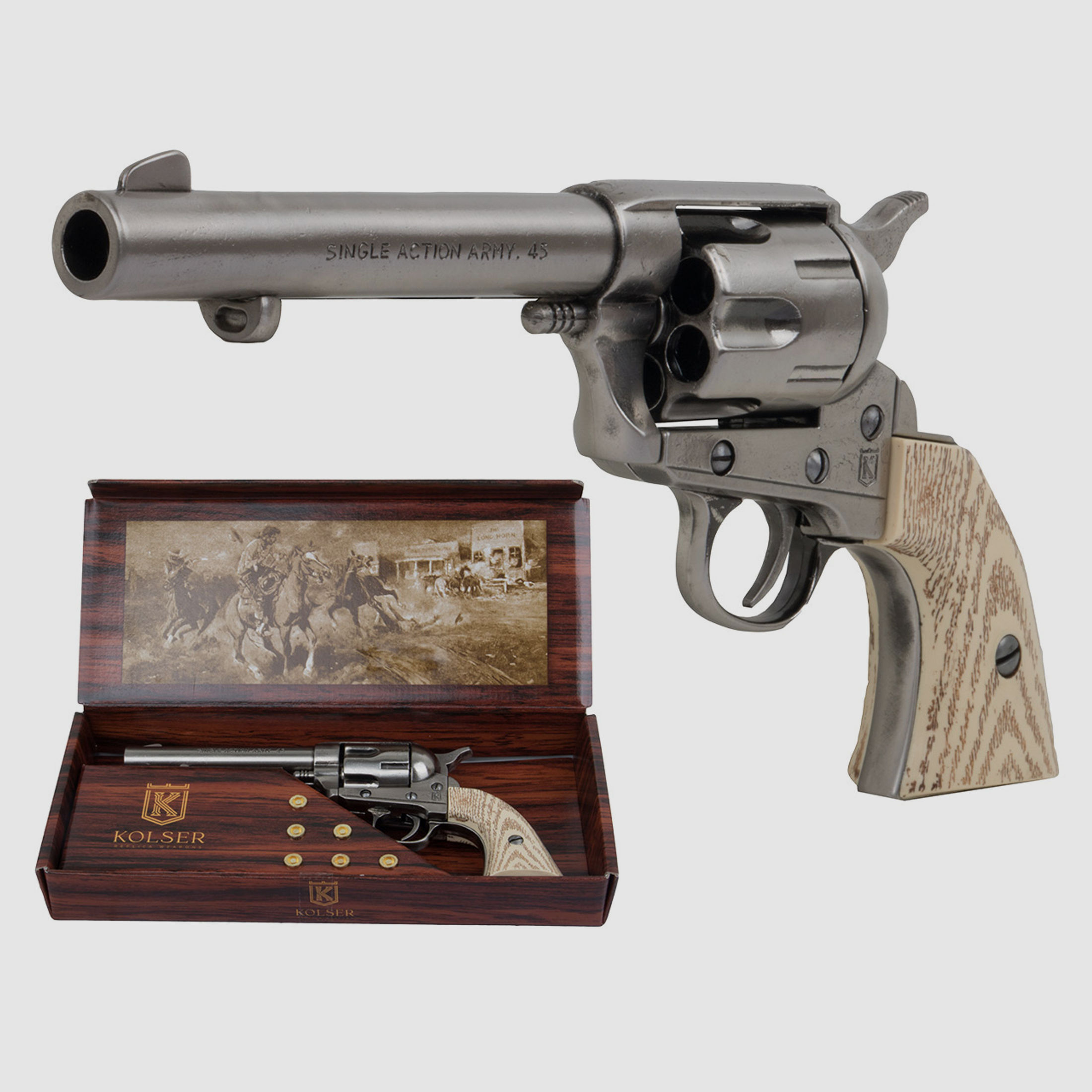 Deko Revolver Kolser Colt SAA .45 Peacemaker USA 1873 5,5 Zoll nickel poliert weiĂźe Griffschalen