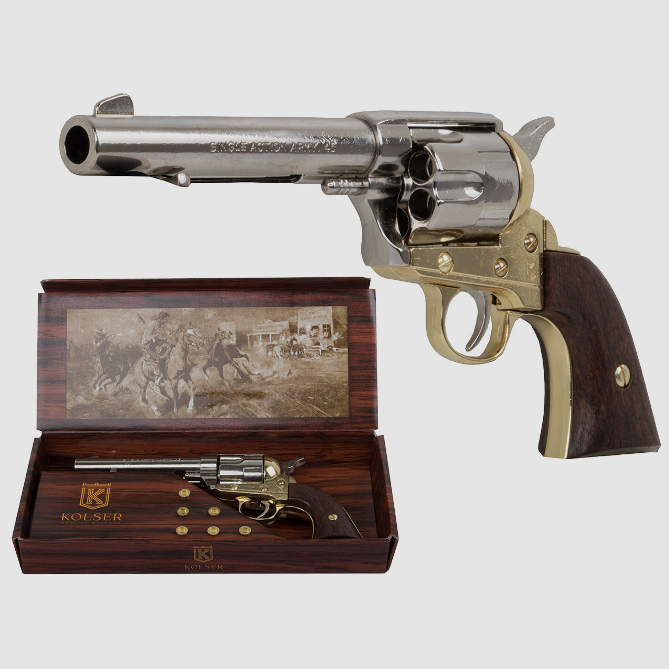 B-Ware Deko Revolver Kolser Colt SAA .45 Peacemaker USA 1873 5,5 Zoll nickel gold Griffschalen in Holzoptik
