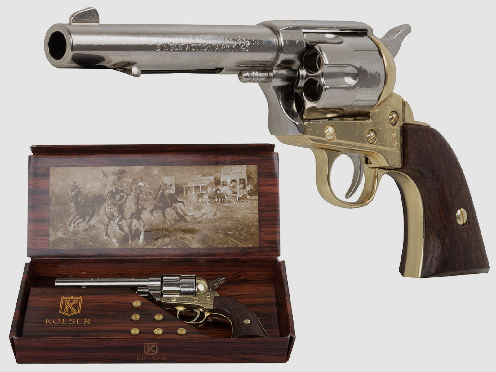 Set 5 Western Revolvergurt rechts 100 cm 2 Holster hellbraun und 2 Deko Revolver Kolser Colt SAA .45 Peacemaker 5,5 Zoll nickel gold