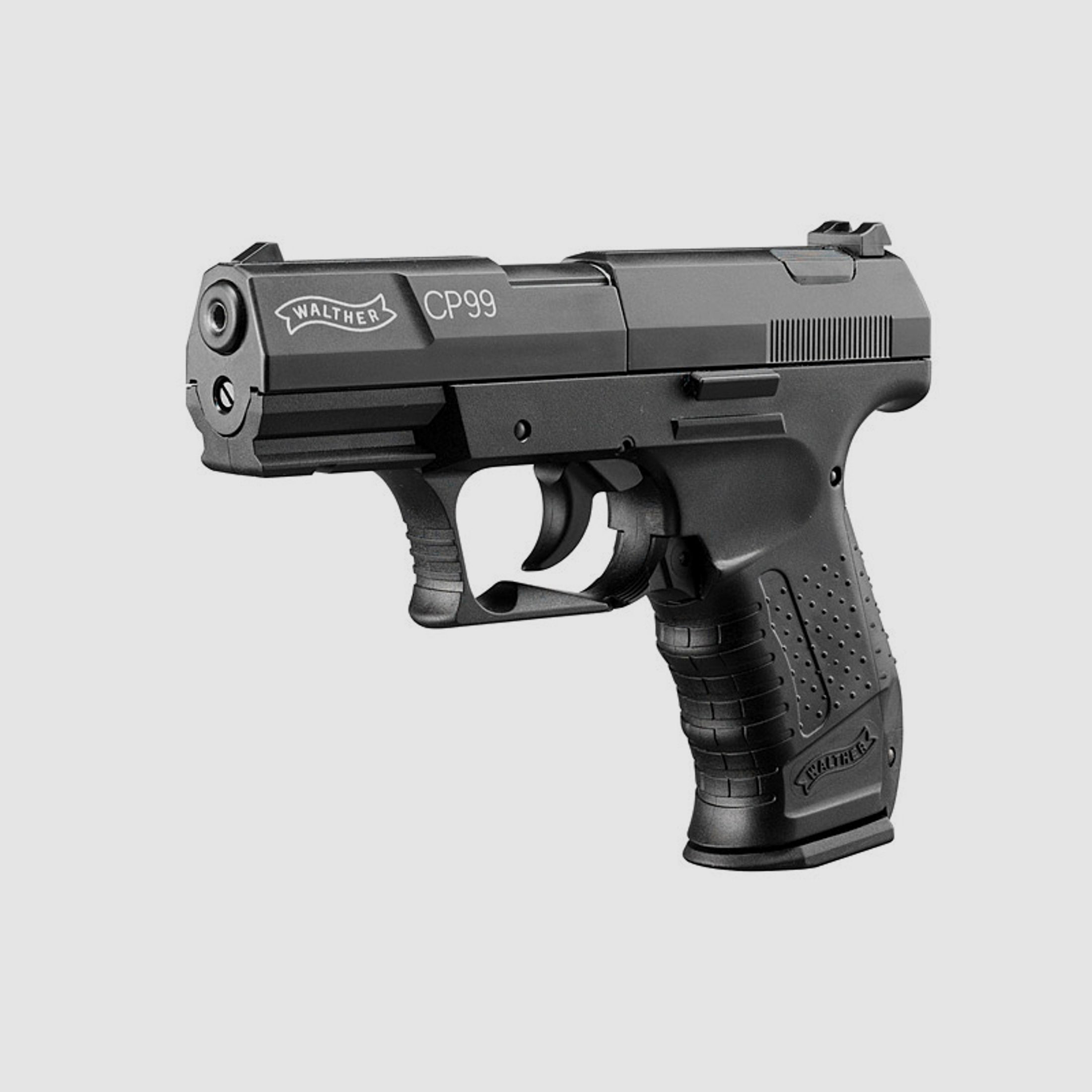 CO2 Pistole Walther CP99 schwarz Kaliber 4,5 mm Diabolo (P18) + SchalldĂ¤mpfer silber Adapter
