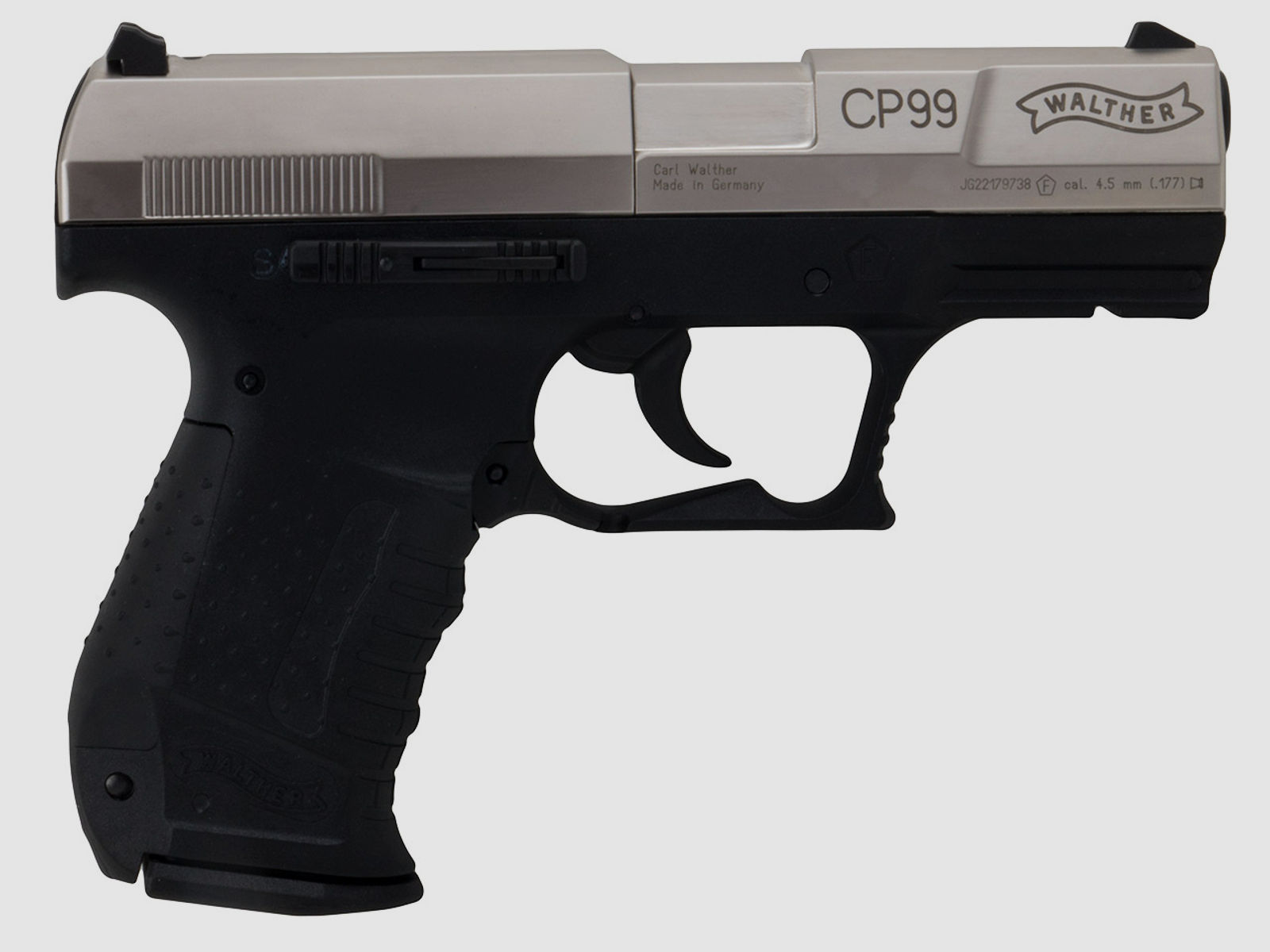 CO2 Pistole Walther CP99 Lauf 3 Zoll nickel Kaliber 4,5 mm Diabolos (P18)  silberner SWS SchalldĂ¤mpfer Adapter