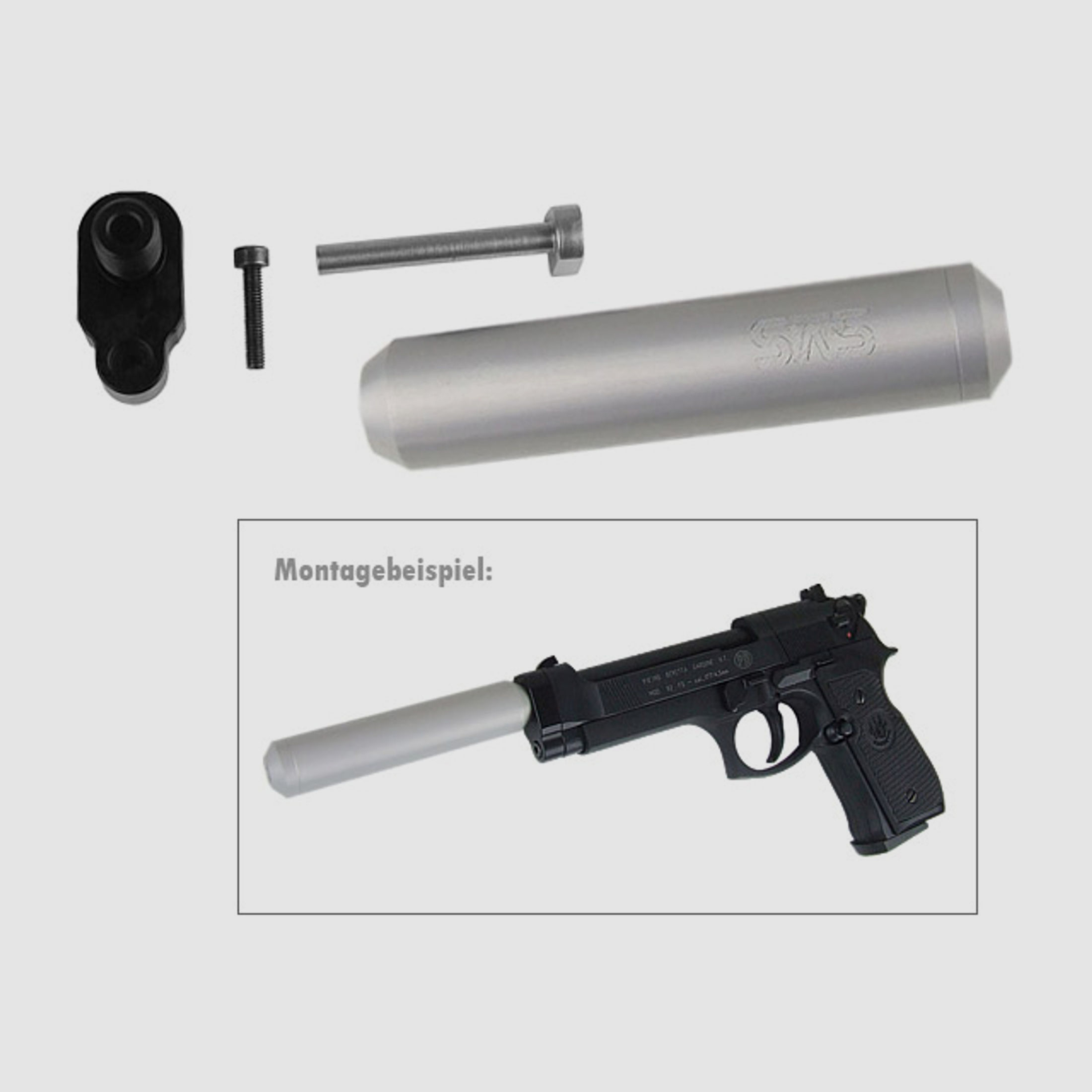 SchalldĂ¤mpfer mit 1⁄2 UNF Adapter fĂĽr CO2 Pistole Beretta M92 FS, silber (P18)