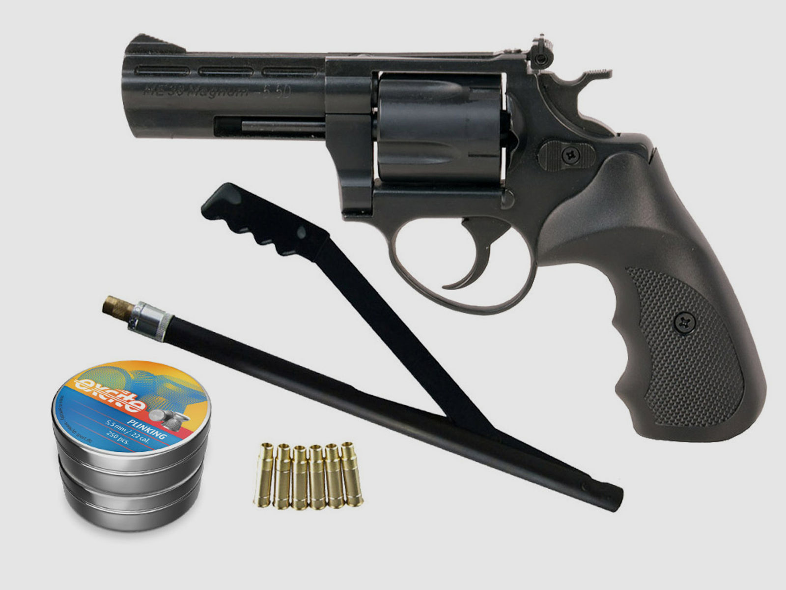 LEP Druckluft Revolver ME 38 Magnum brĂĽniert Kaliber 5,5 mm (P18)+ Handpumpe LEP Patronen Diabolos
