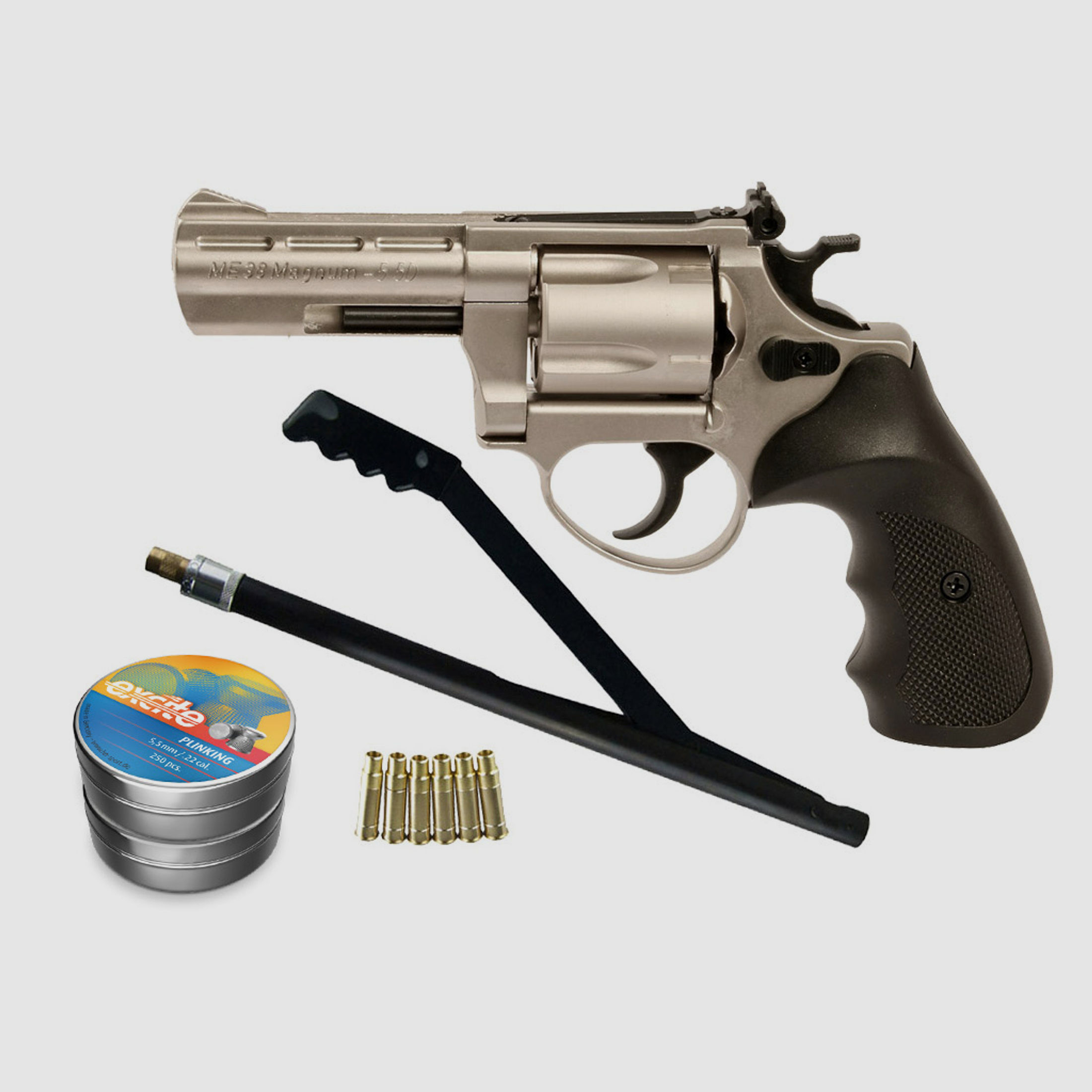 LEP Druckluft Revolver ME 38 Magnum matt nickel Kaliber 5,5 mm (P18)+ Handpumpe LEP Patronen Diabolos