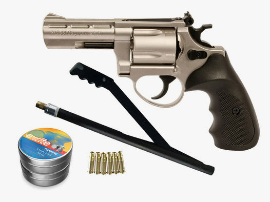 LEP Druckluft Revolver ME 38 Magnum matt nickel Kaliber 5,5 mm (P18)+ Handpumpe LEP Patronen Diabolos