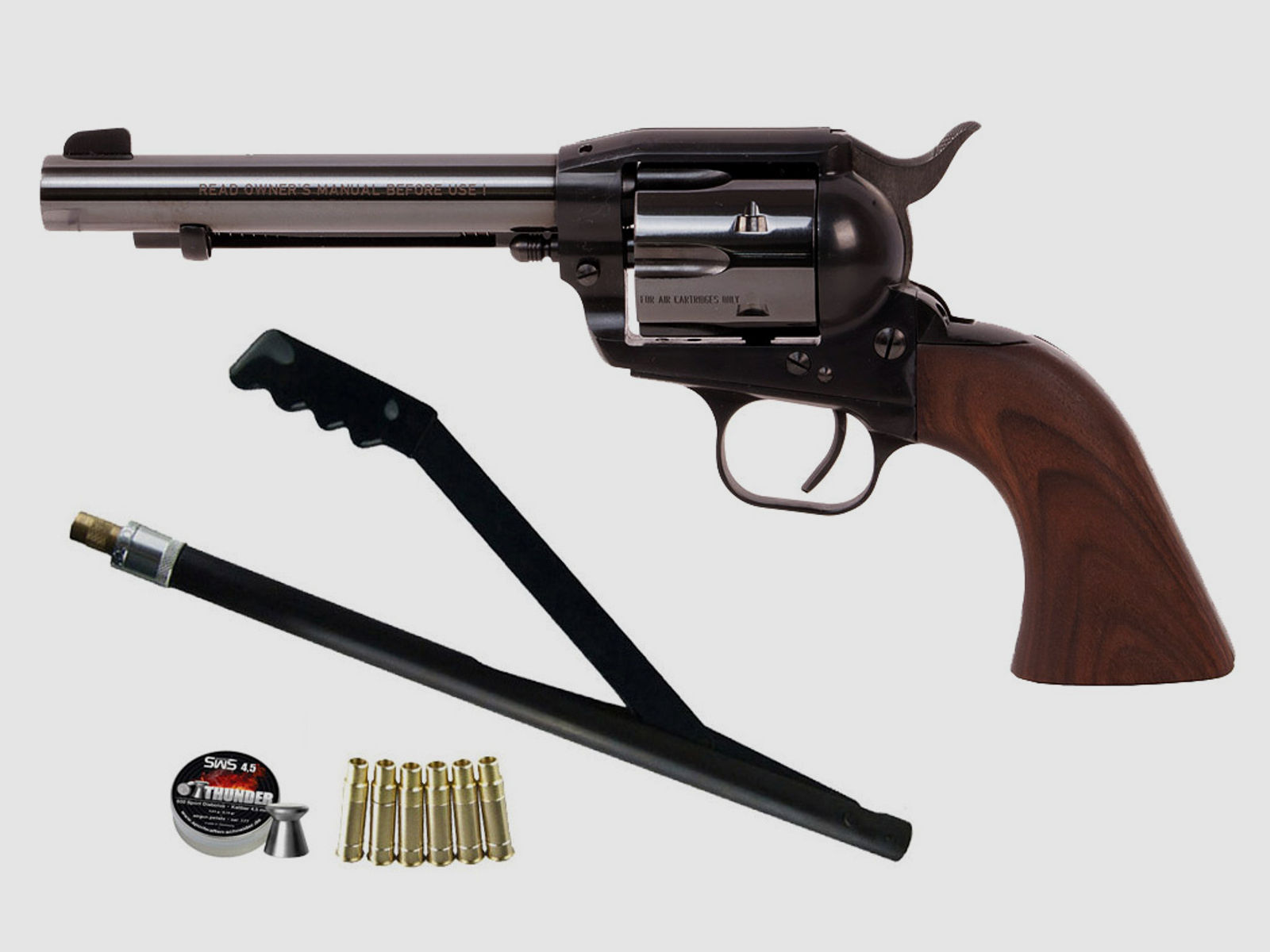 LEP Druckluft Revolver ME Single Action Army 5,5 Zoll Kaliber 4,5 mm (P18) + Handpumpe LEP Patronen Diabolos