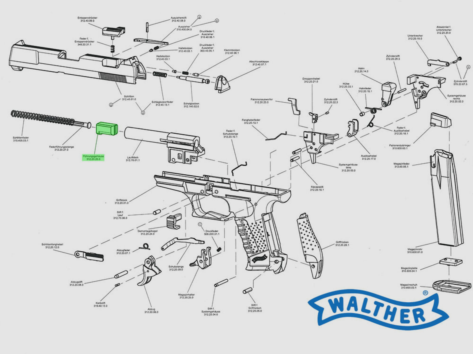 Halterung von SchlittenfederfĂĽhrungsstange (FĂĽhrungsgehĂ¤use) von Gas- Signalpistole Walther P99, Ersatzteil