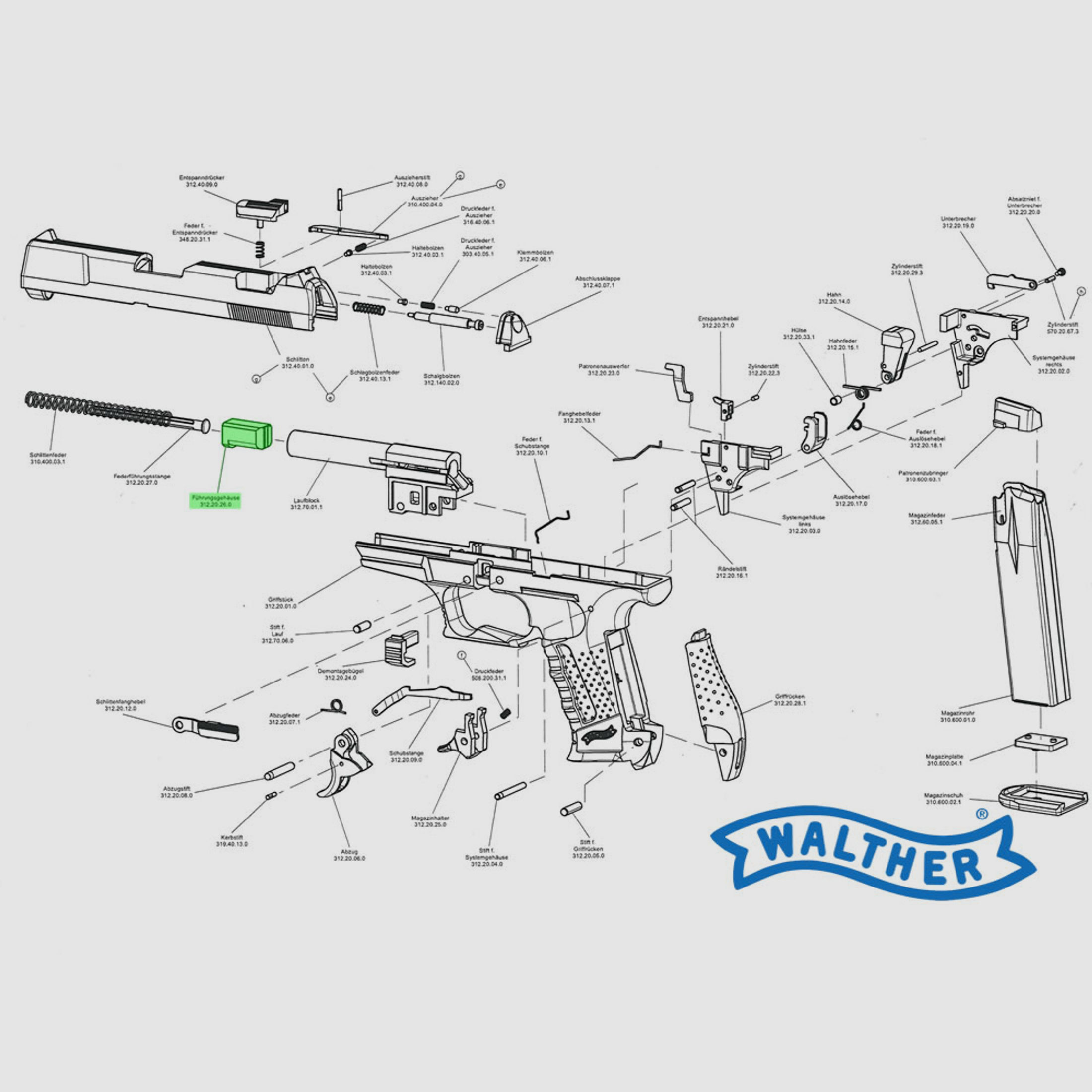Halterung von SchlittenfederfĂĽhrungsstange (FĂĽhrungsgehĂ¤use) von Gas- Signalpistole Walther P99, Ersatzteil