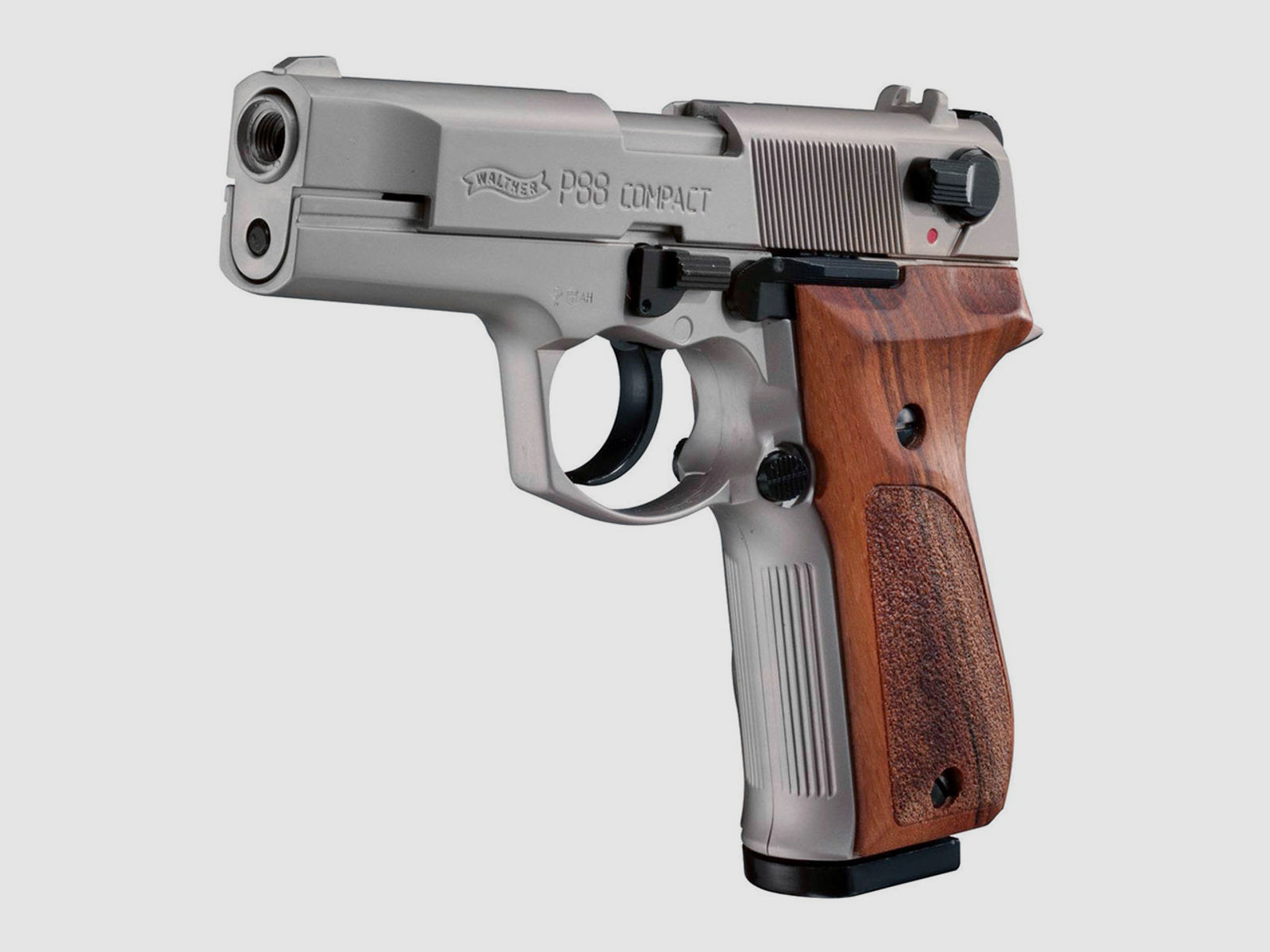 Schreckschuss Pistole Walther P88 Compact nickel Holzgriff Kaliber 9 mm P.A.K. (P18)+ Universalholster