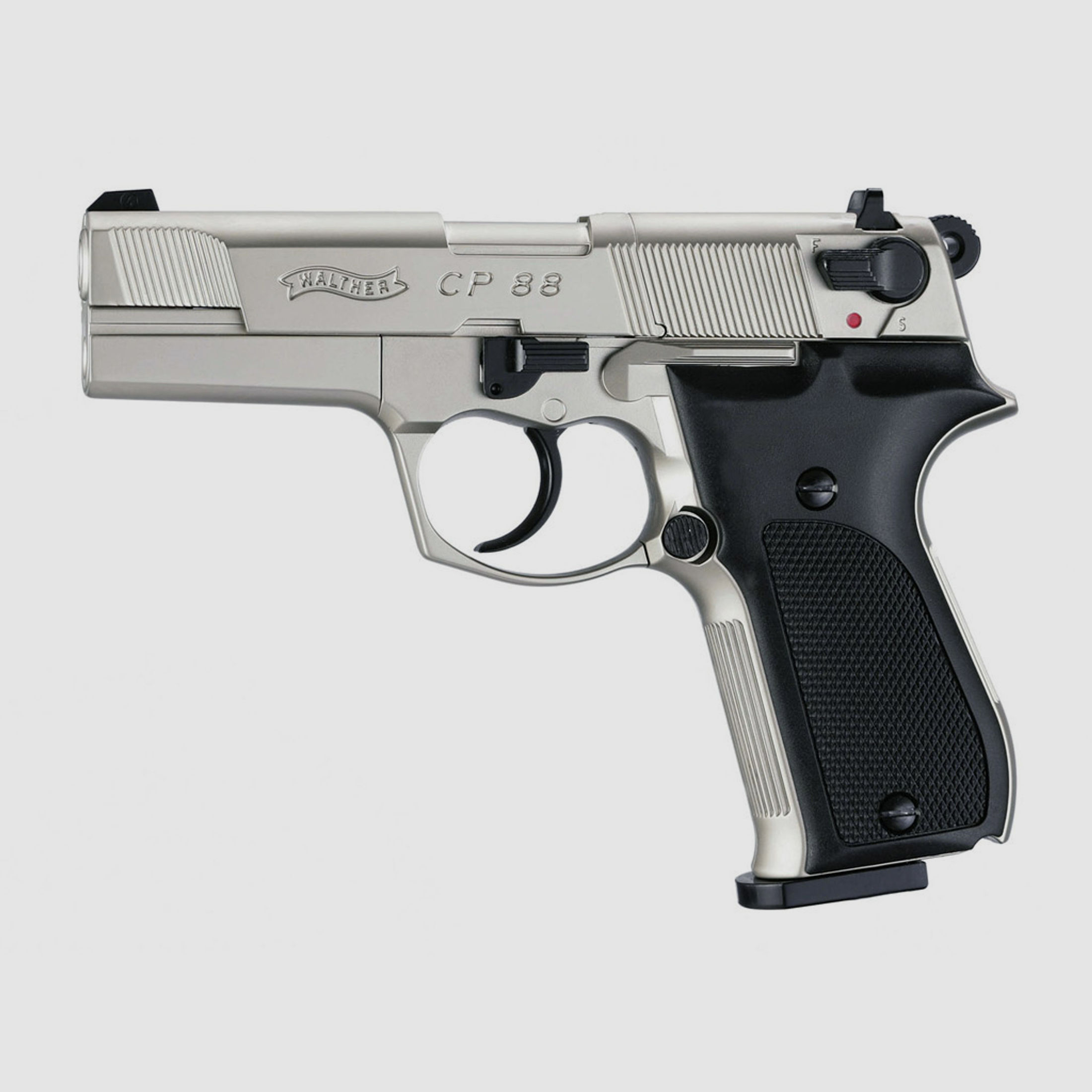 CO2 Pistole Walther CP88 nickel Kunststoffgriffschalen Kaliber 4,5 mm Diabolo (P18) + SchalldĂ¤mpfer silber Adapter