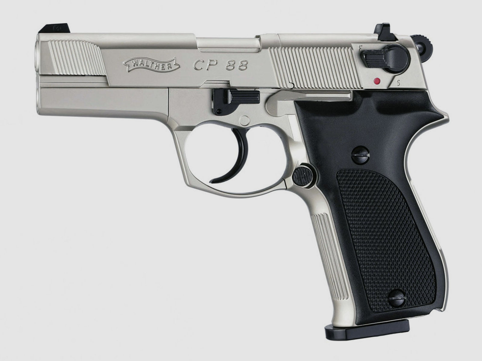 CO2 Pistole Walther CP88 nickel Kunststoffgriffschalen Kaliber 4,5 mm Diabolo (P18) + SchalldĂ¤mpfer schwarz Adapter