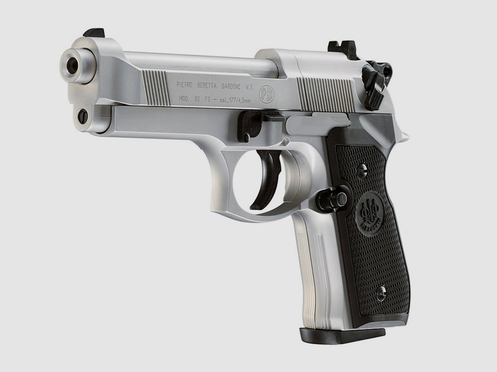 CO2 Pistole Beretta M 92 FS nickel schwarze Kunststoffgriffschalen Kaliber 4,5 mm (P18)+ Diabolos Zielscheiben CO2 Kapsel Speedloader