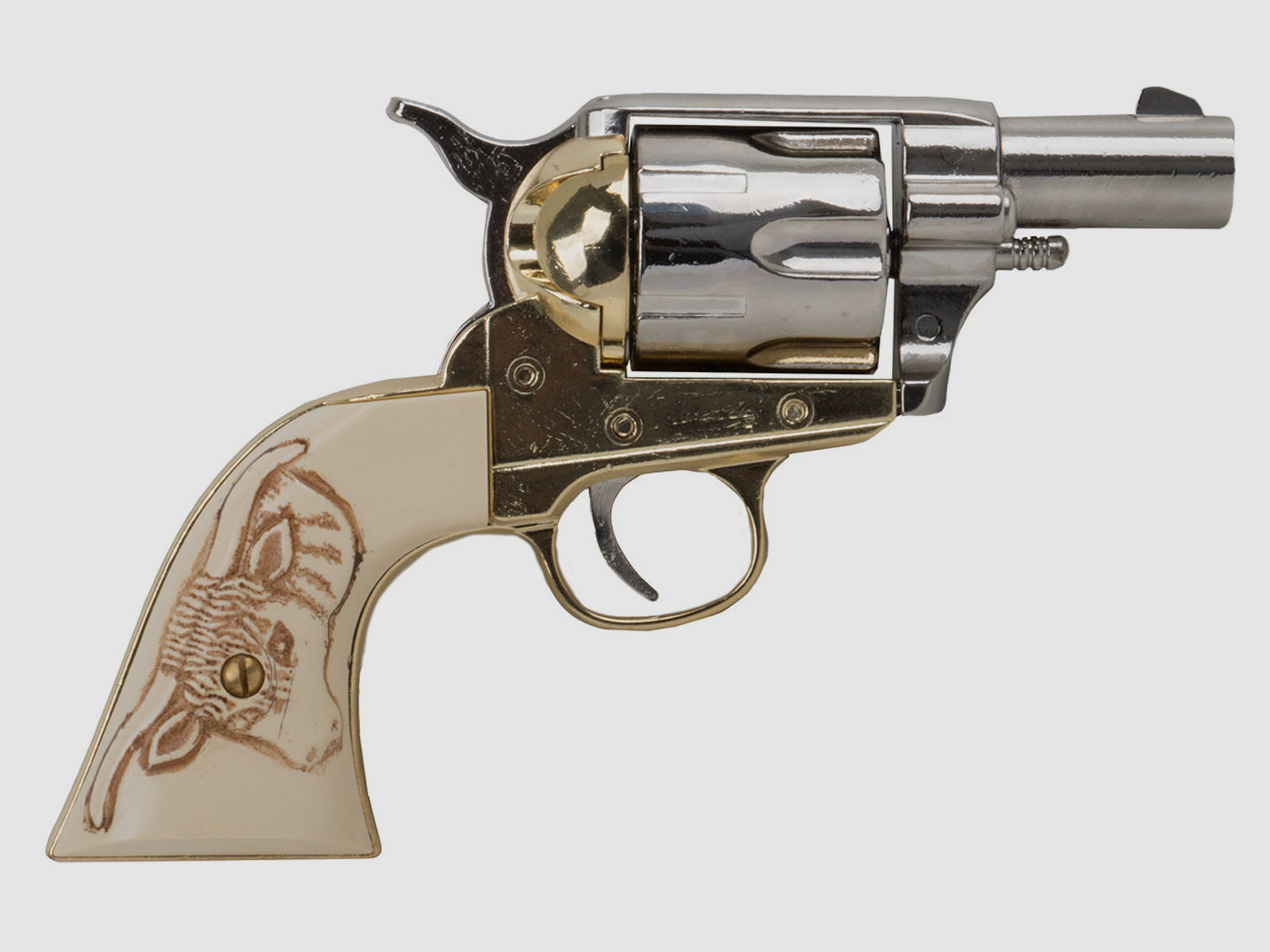 Deko Revolver Kolser Colt SAA Single Action Army Snub Nose 2,5 Zoll weiĂźe Griffschalen mit Stiermotiv nickel gold