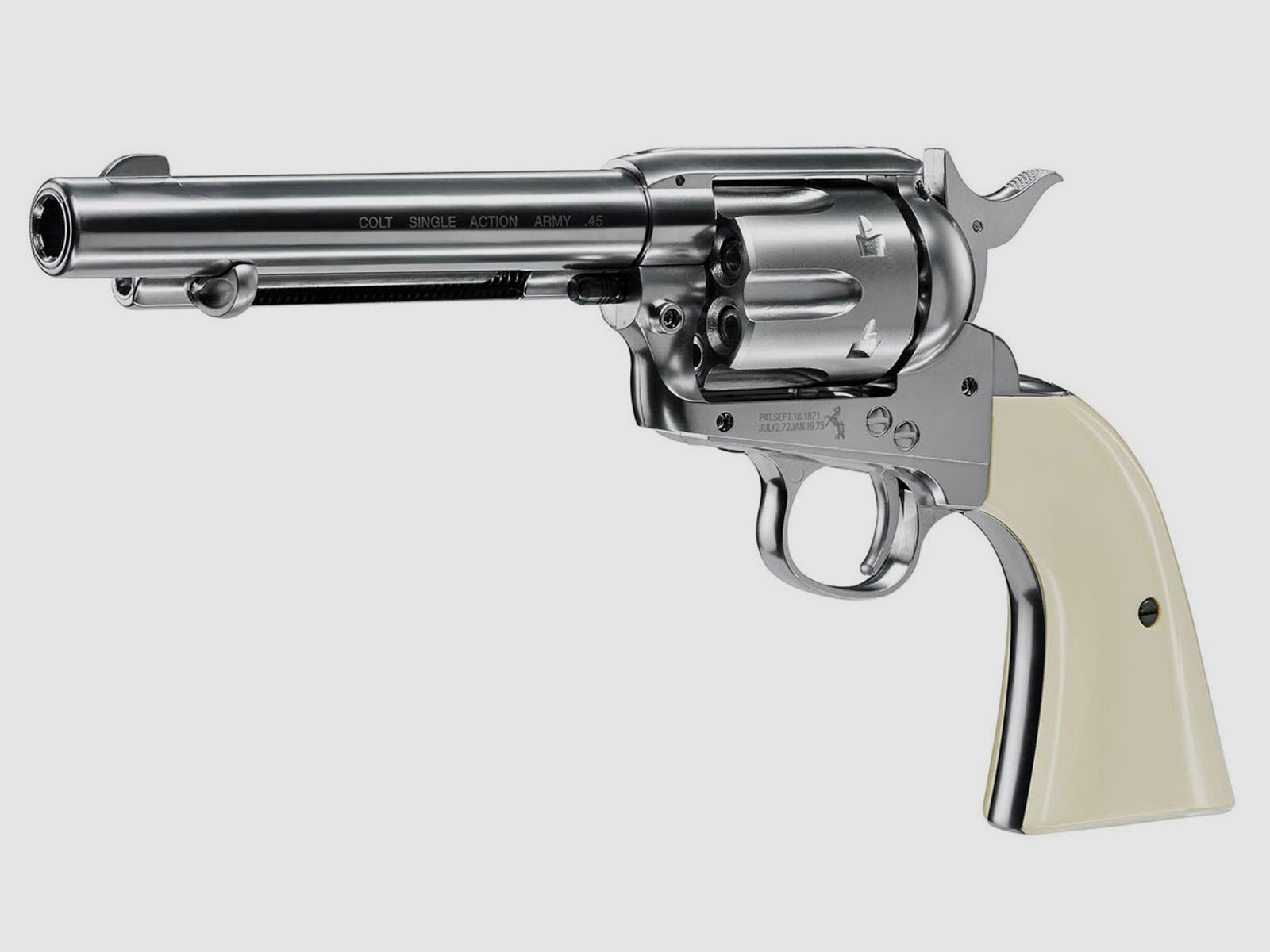 CO2 Revolver Colt Single Action Army SAA .45 5.5 Zoll Nickel Finish weiĂźe Griffschalen Kaliber 4,5 mm BB (P18)